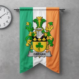 ScotsTee Shop Irish Grehan or O'Greaghan Clan Coat of Arms Irish Tartan Gonfalon Flag