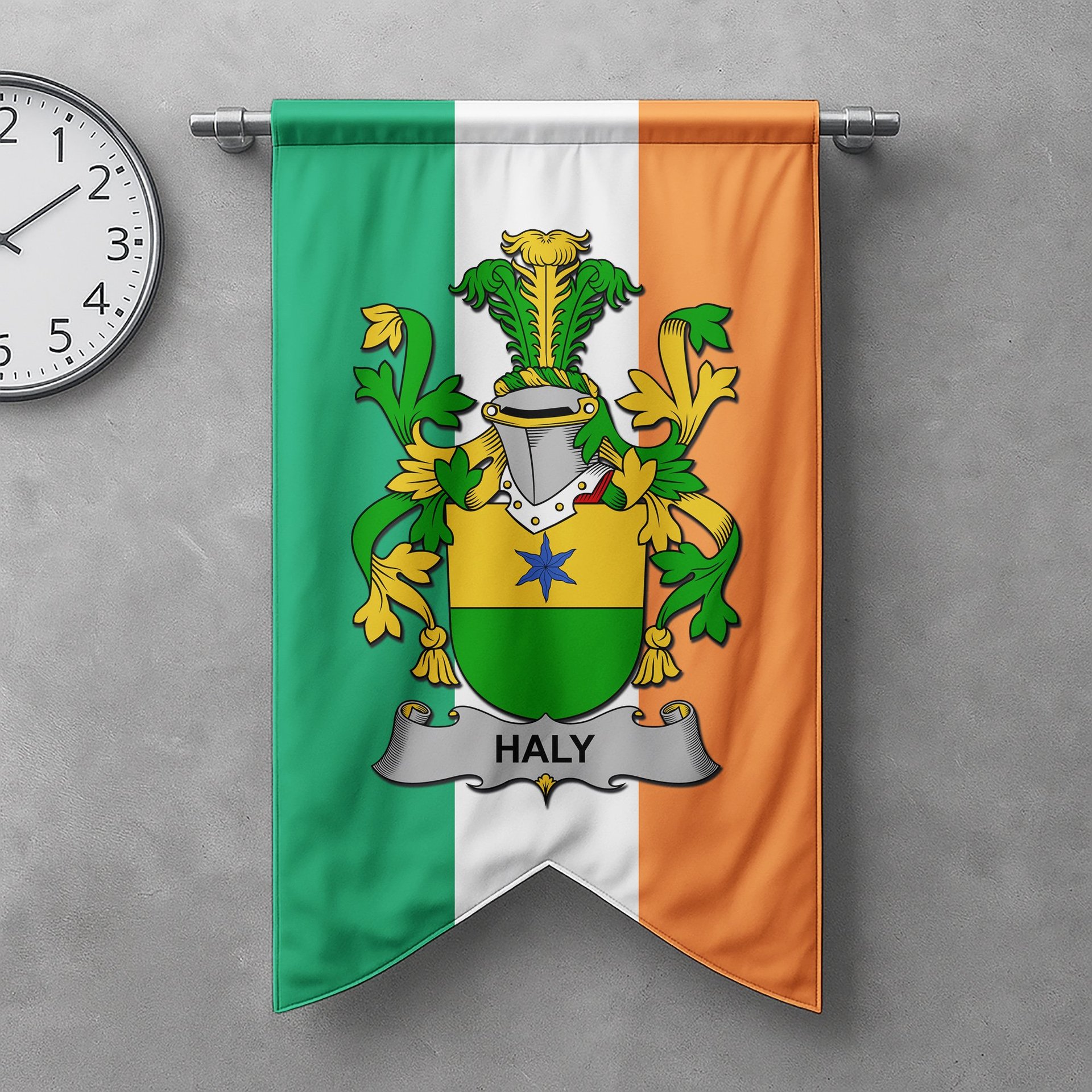 ScotsTee Shop Irish Haly or O'Haly Clan Coat of Arms Irish Tartan Gonfalon Flag