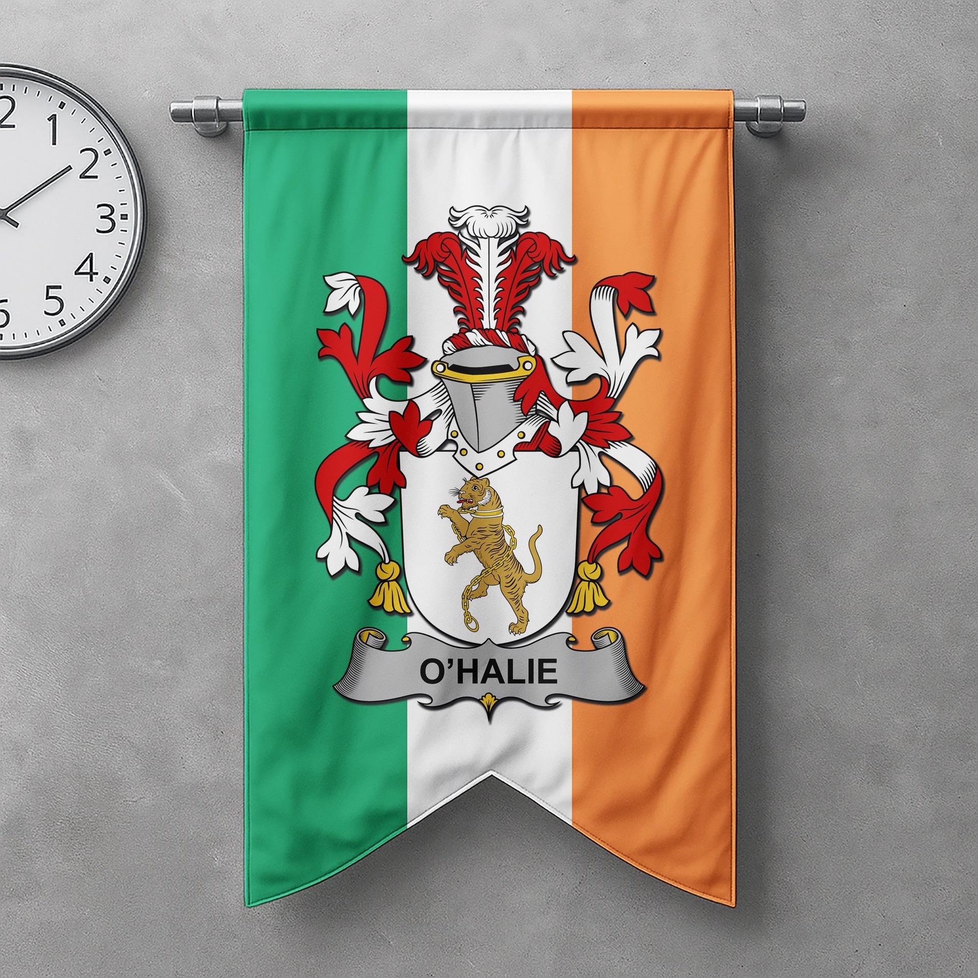 ScotsTee Shop Irish Halie or O'Halie Clan Coat of Arms Irish Tartan Gonfalon Flag