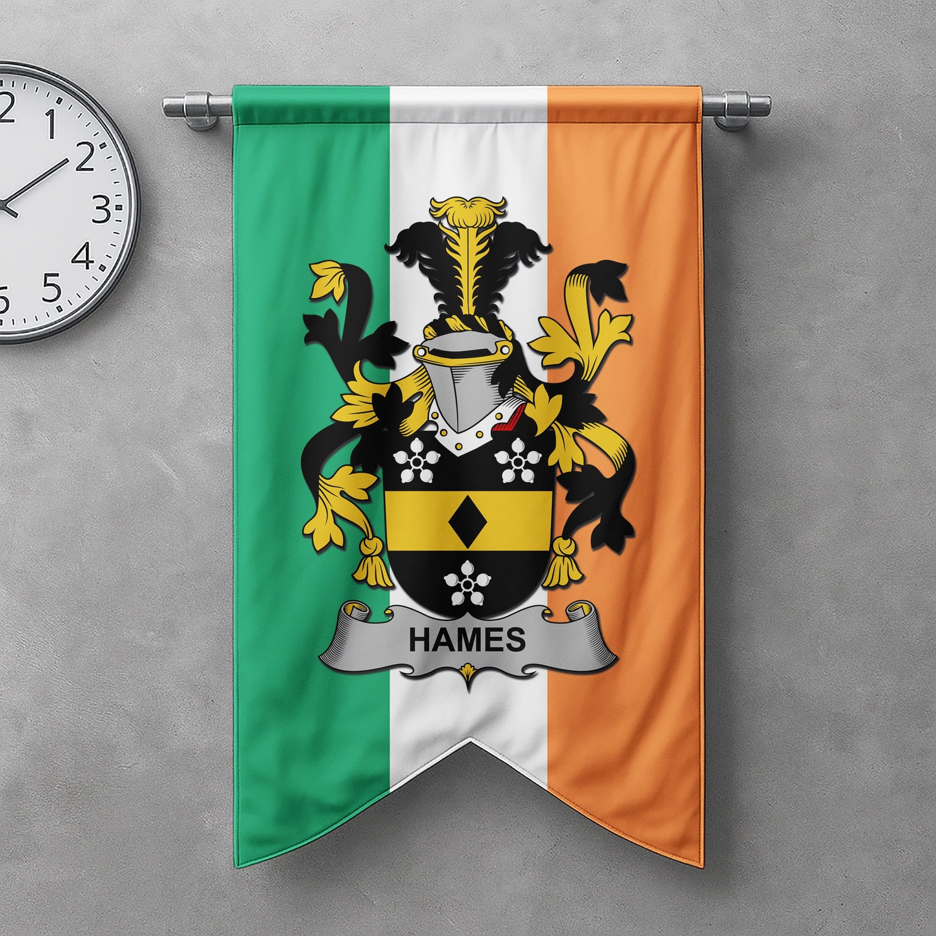 ScotsTee Shop Irish Hames Clan Coat of Arms Irish Tartan Gonfalon Flag