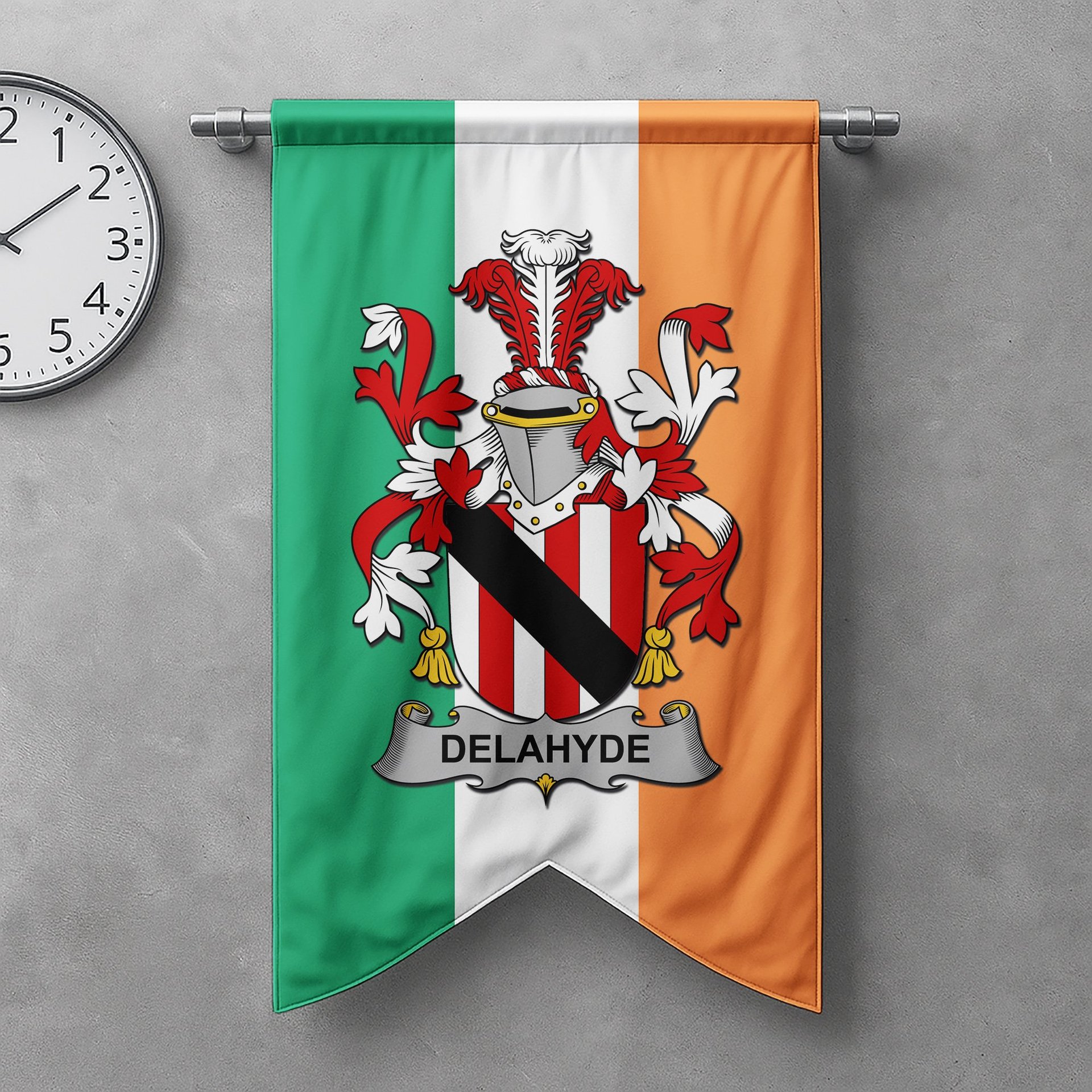 ScotsTee Shop Irish Delahyde Clan Coat of Arms Irish Tartan Gonfalon Flag