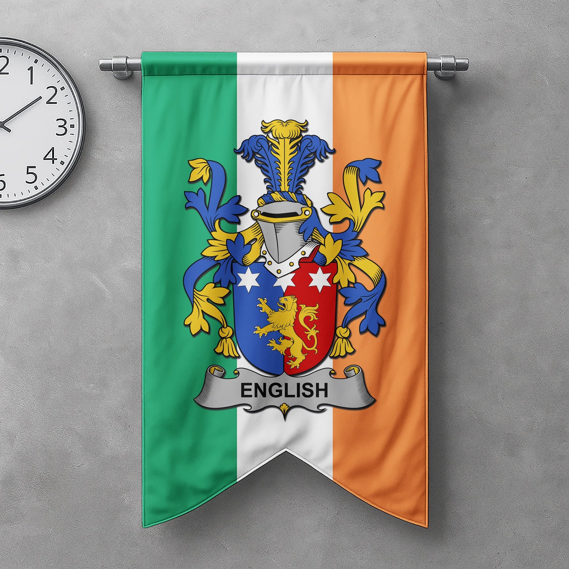 ScotsTee Shop Irish English Clan Coat of Arms Irish Tartan Gonfalon Flag