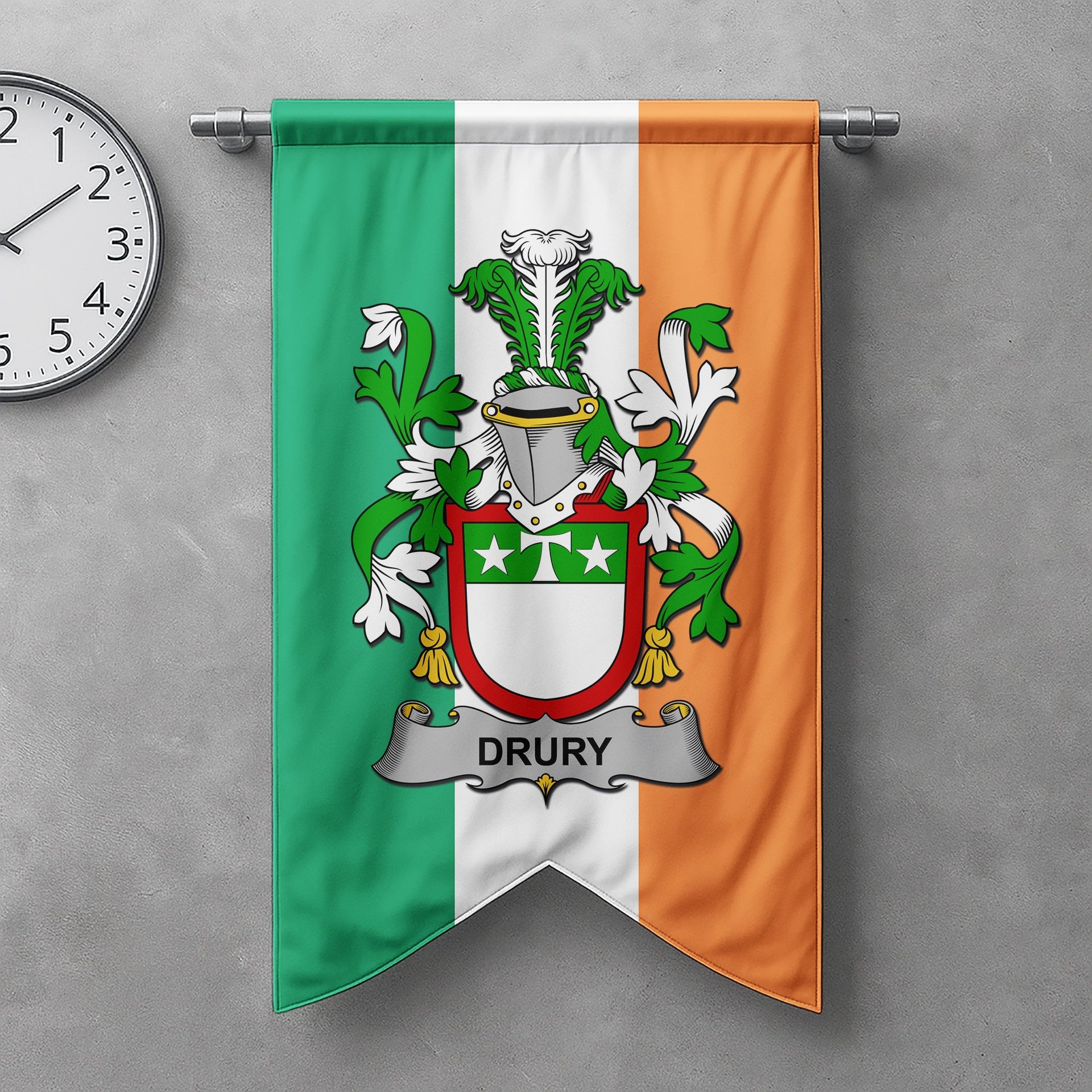 ScotsTee Shop Irish Drury or McDrury Clan Coat of Arms Irish Tartan Gonfalon Flag