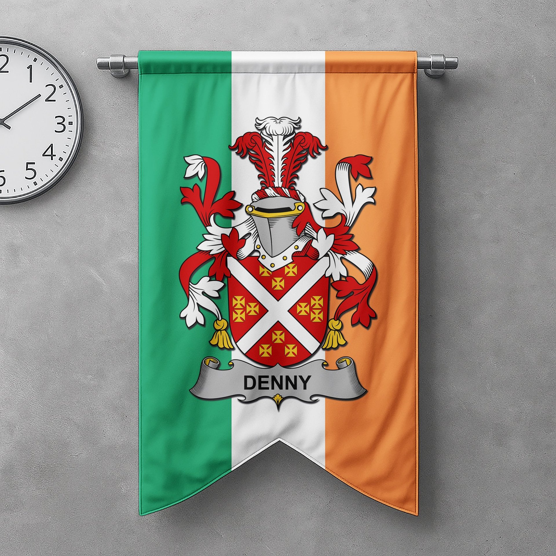 ScotsTee Shop Irish Denny Clan Coat of Arms Irish Tartan Gonfalon Flag