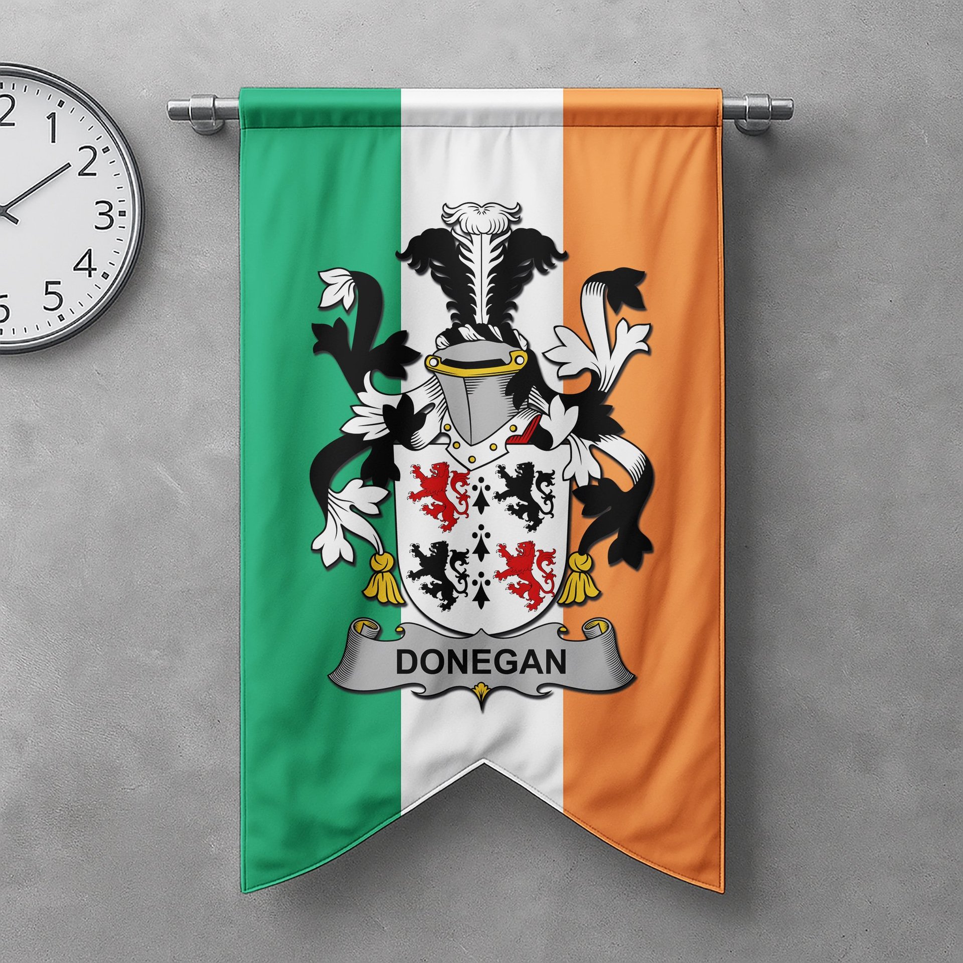 ScotsTee Shop Irish Donegan or O'Donagan Clan Coat of Arms Irish Tartan Gonfalon Flag