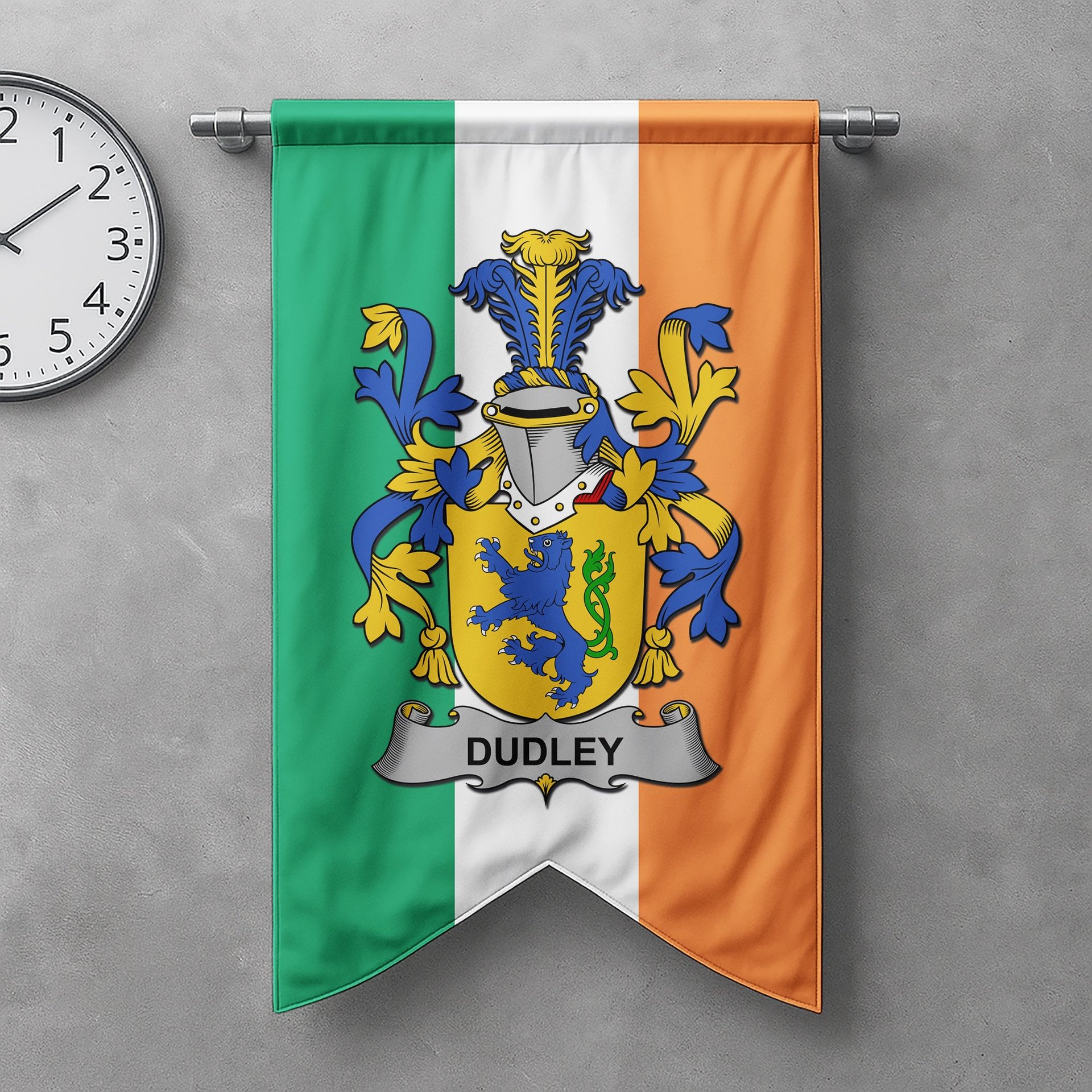 ScotsTee Shop Irish Dudley Clan Coat of Arms Irish Tartan Gonfalon Flag