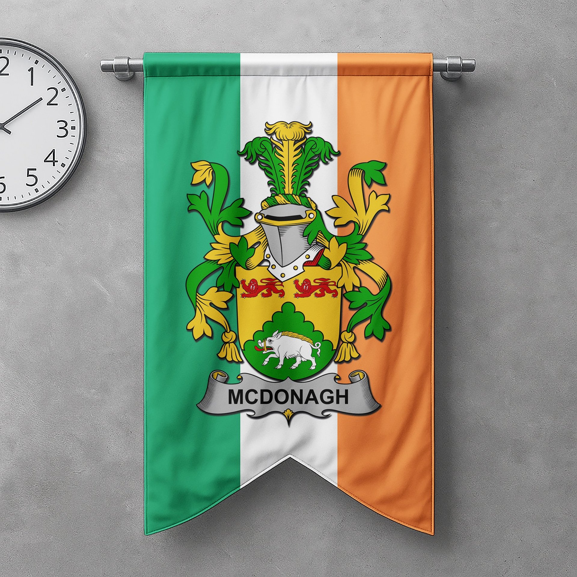 ScotsTee Shop Irish McDonagh or McDonogh Clan Coat of Arms Irish Tartan Gonfalon Flag