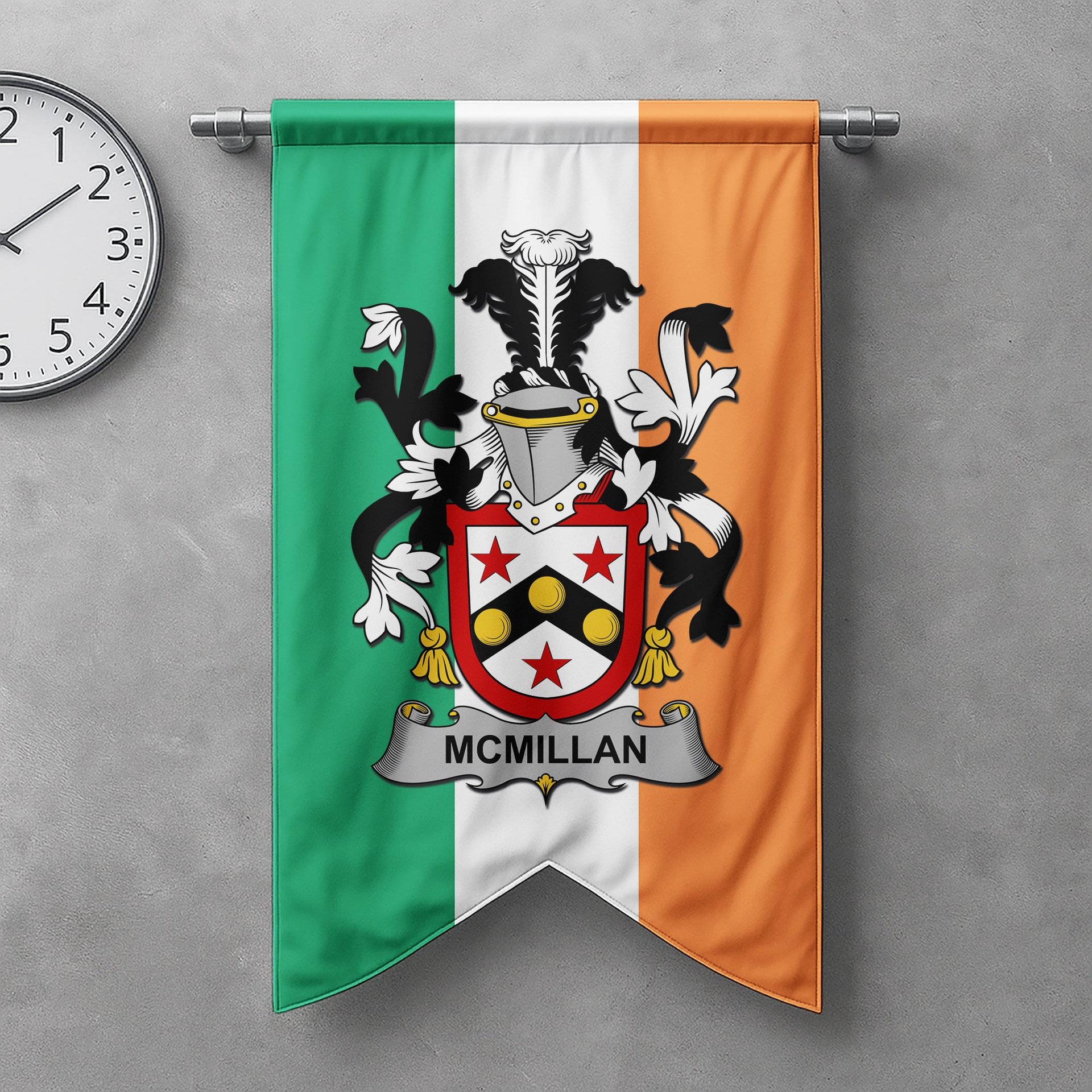 ScotsTee Shop Irish McMillan Clan Coat of Arms Irish Tartan Gonfalon Flag