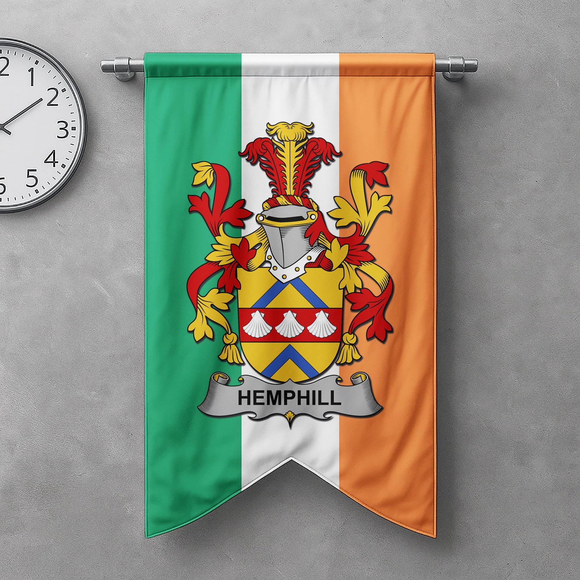 ScotsTee Shop Irish Hemphill Clan Coat of Arms Irish Tartan Gonfalon Flag
