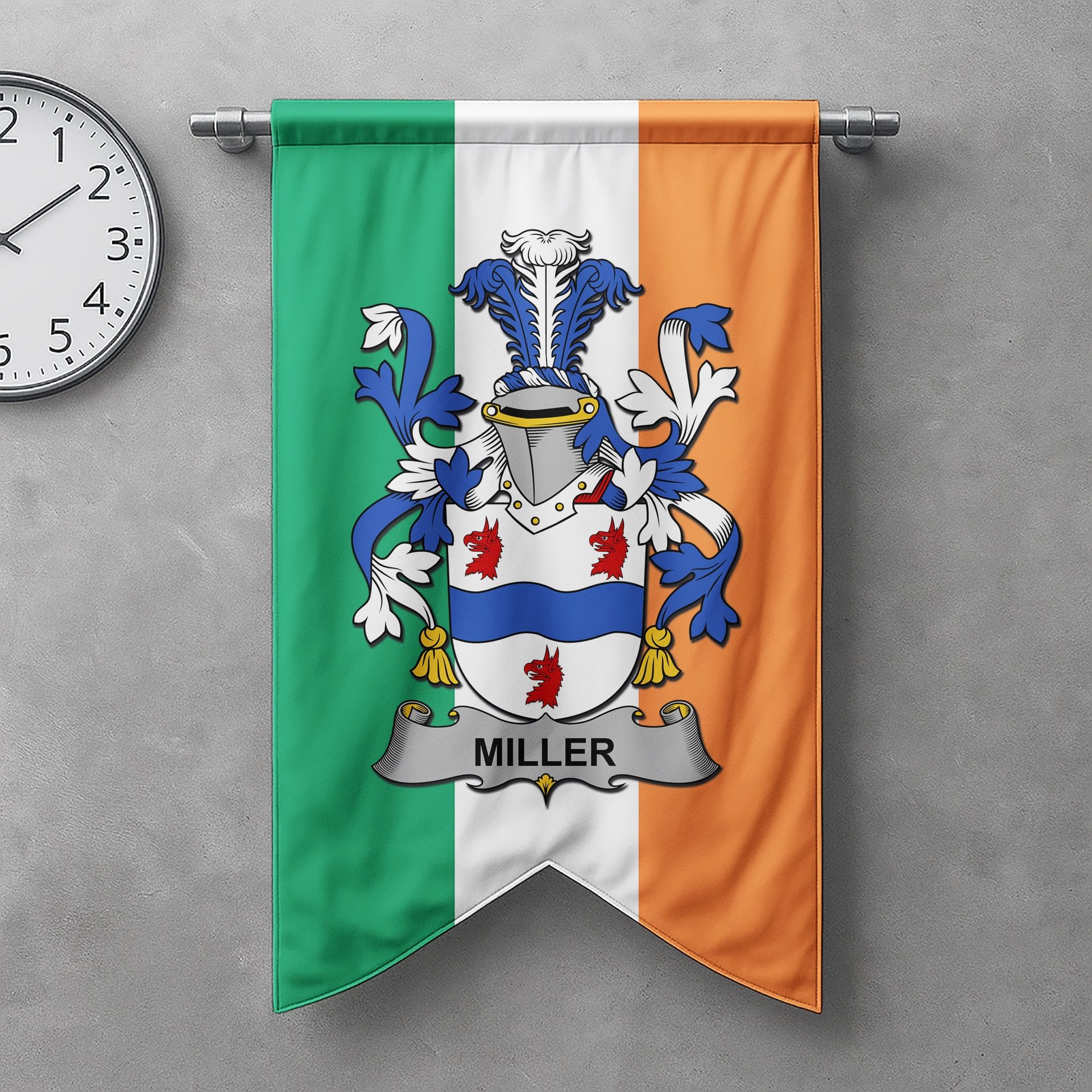 ScotsTee Shop Irish Miller Clan Coat of Arms Irish Tartan Gonfalon Flag