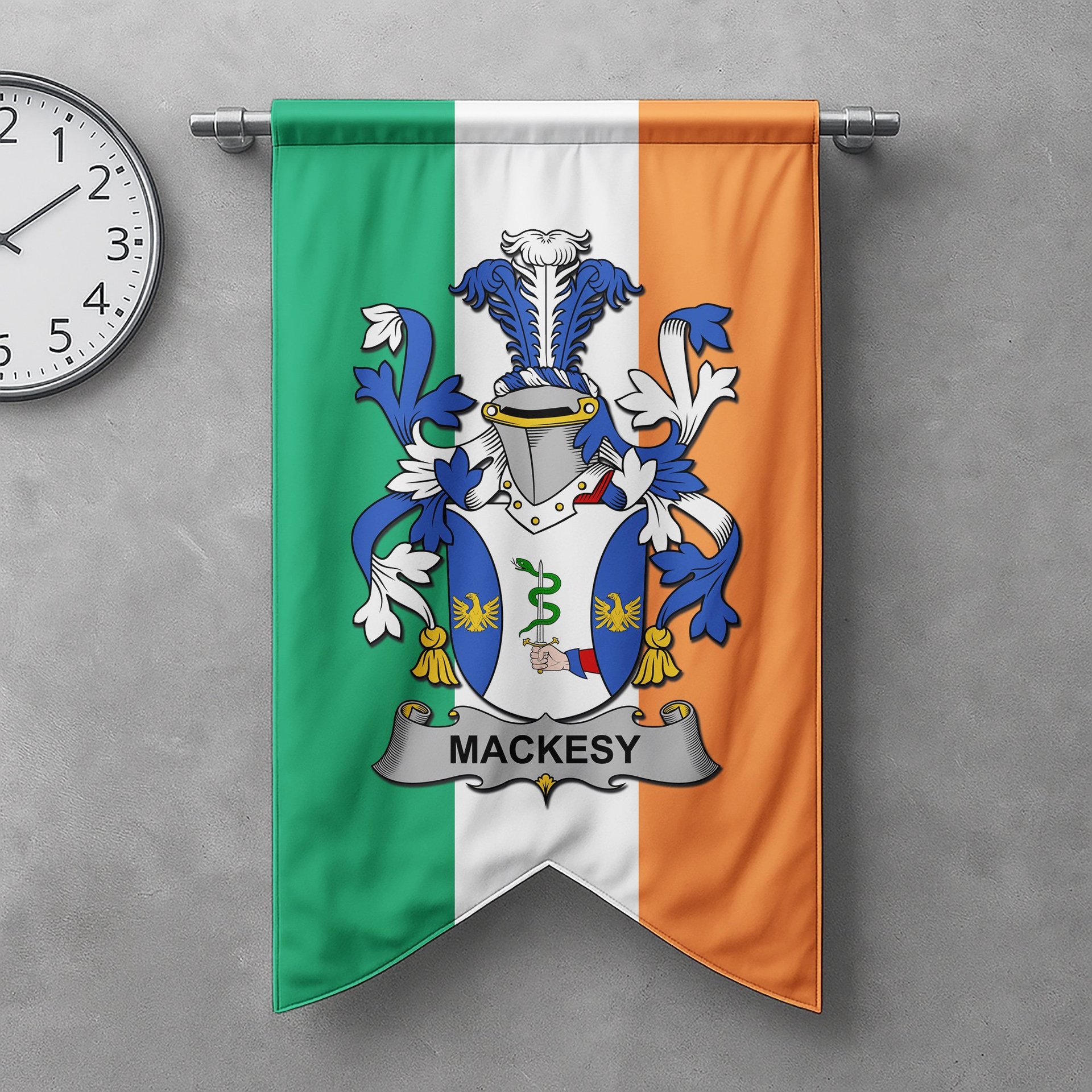 ScotsTee Shop Irish Mackesy Clan Coat of Arms Irish Tartan Gonfalon Flag