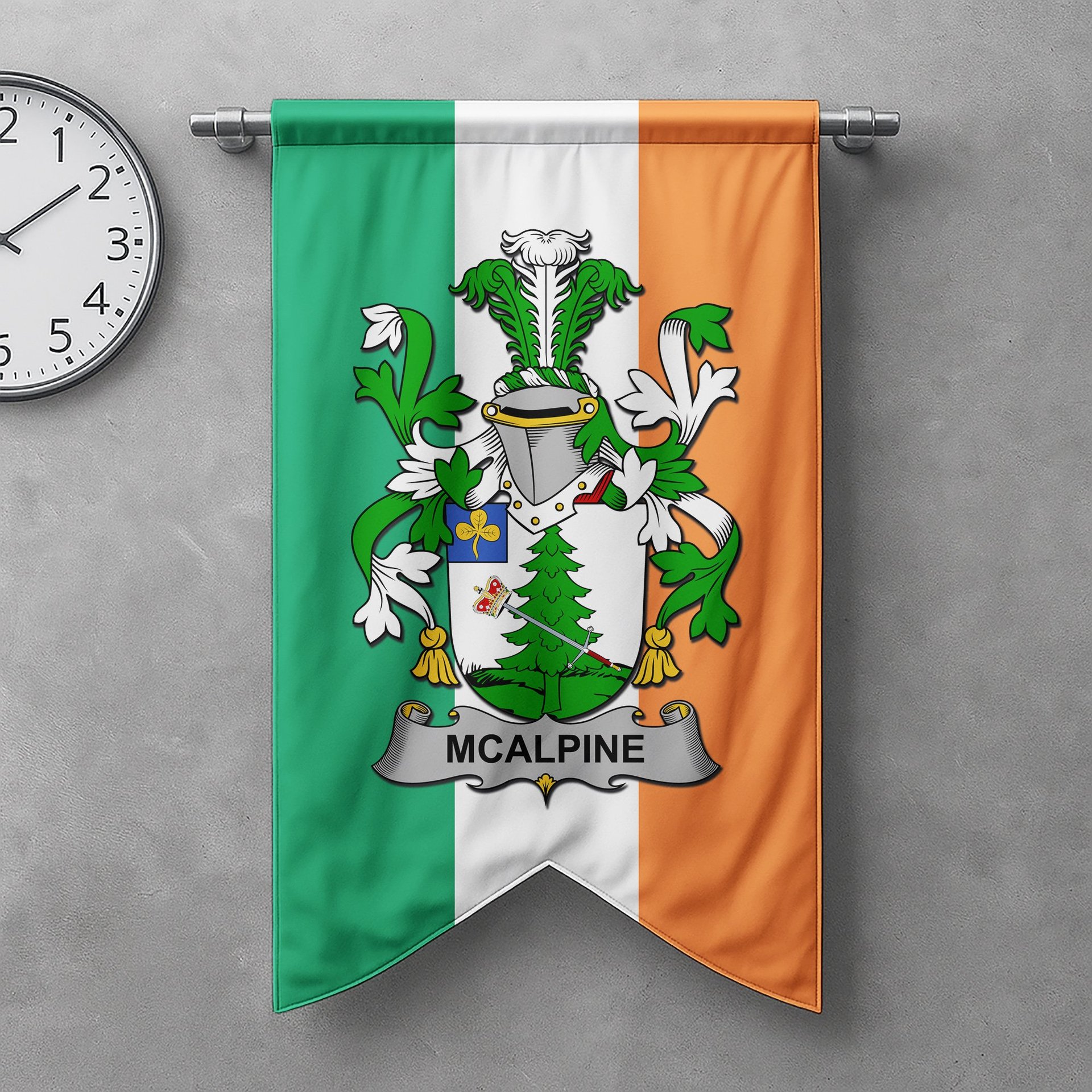 ScotsTee Shop Irish McAlpine or MacAlpin Clan Coat of Arms Irish Tartan Gonfalon Flag