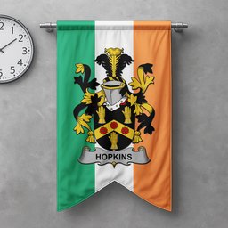 ScotsTee Shop Irish Hopkins Clan Coat of Arms Irish Tartan Gonfalon Flag