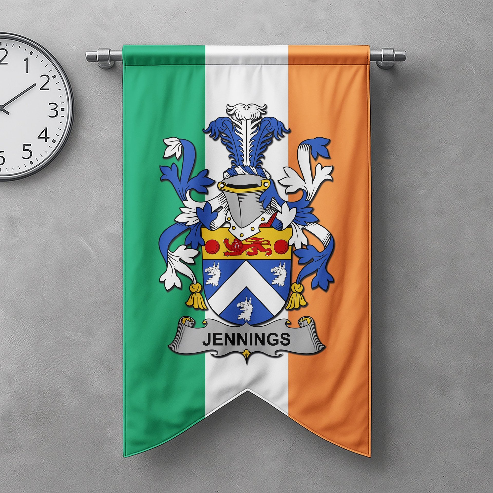 ScotsTee Shop Irish Jennings or Jennyns Clan Coat of Arms Irish Tartan Gonfalon Flag