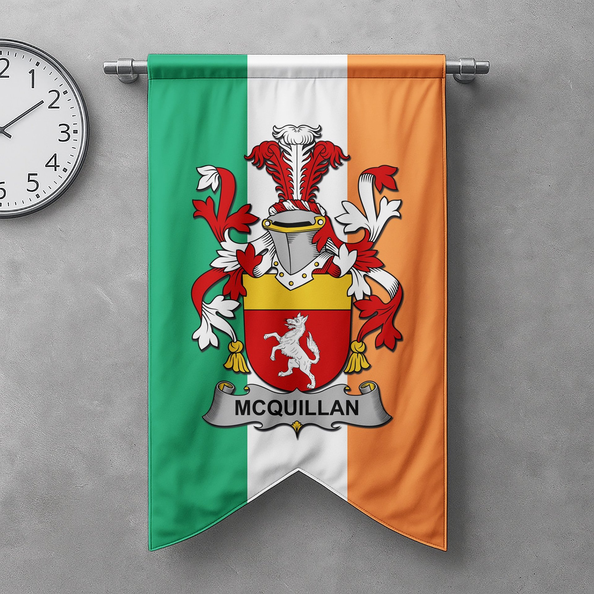 ScotsTee Shop Irish McQuillan Clan Coat of Arms Irish Tartan Gonfalon Flag