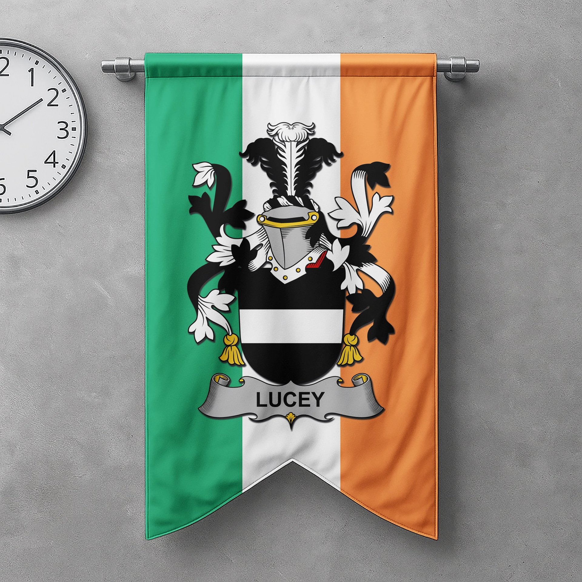 ScotsTee Shop Irish Lucey or O'Lucy Clan Coat of Arms Irish Tartan Gonfalon Flag