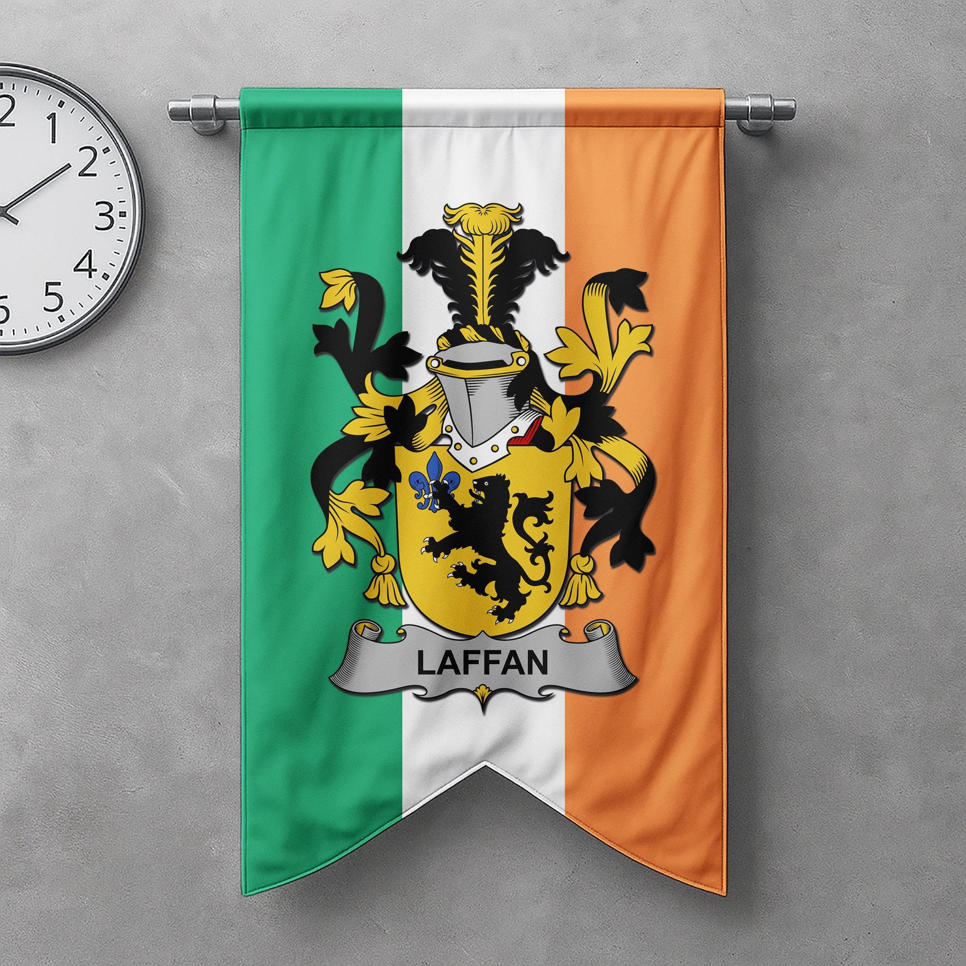 ScotsTee Shop Irish Laffan Clan Coat of Arms Irish Tartan Gonfalon Flag