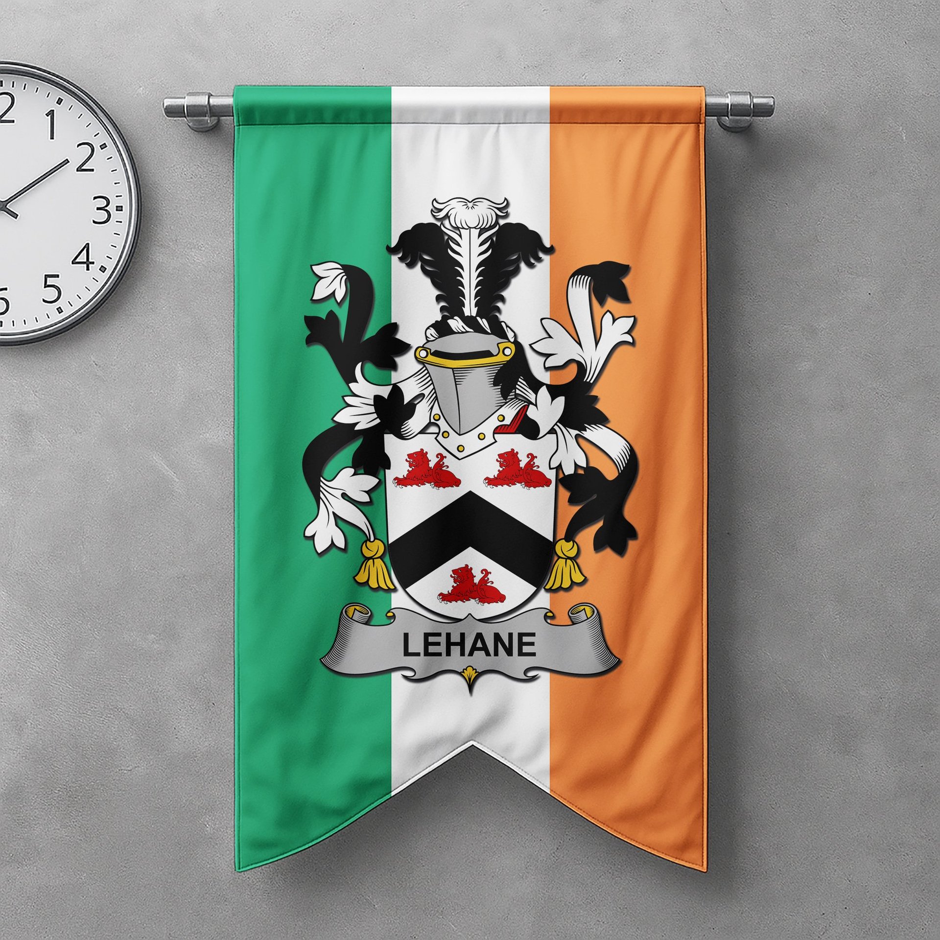 ScotsTee Shop Irish Lehane or O'Lehane Clan Coat of Arms Irish Tartan Gonfalon Flag