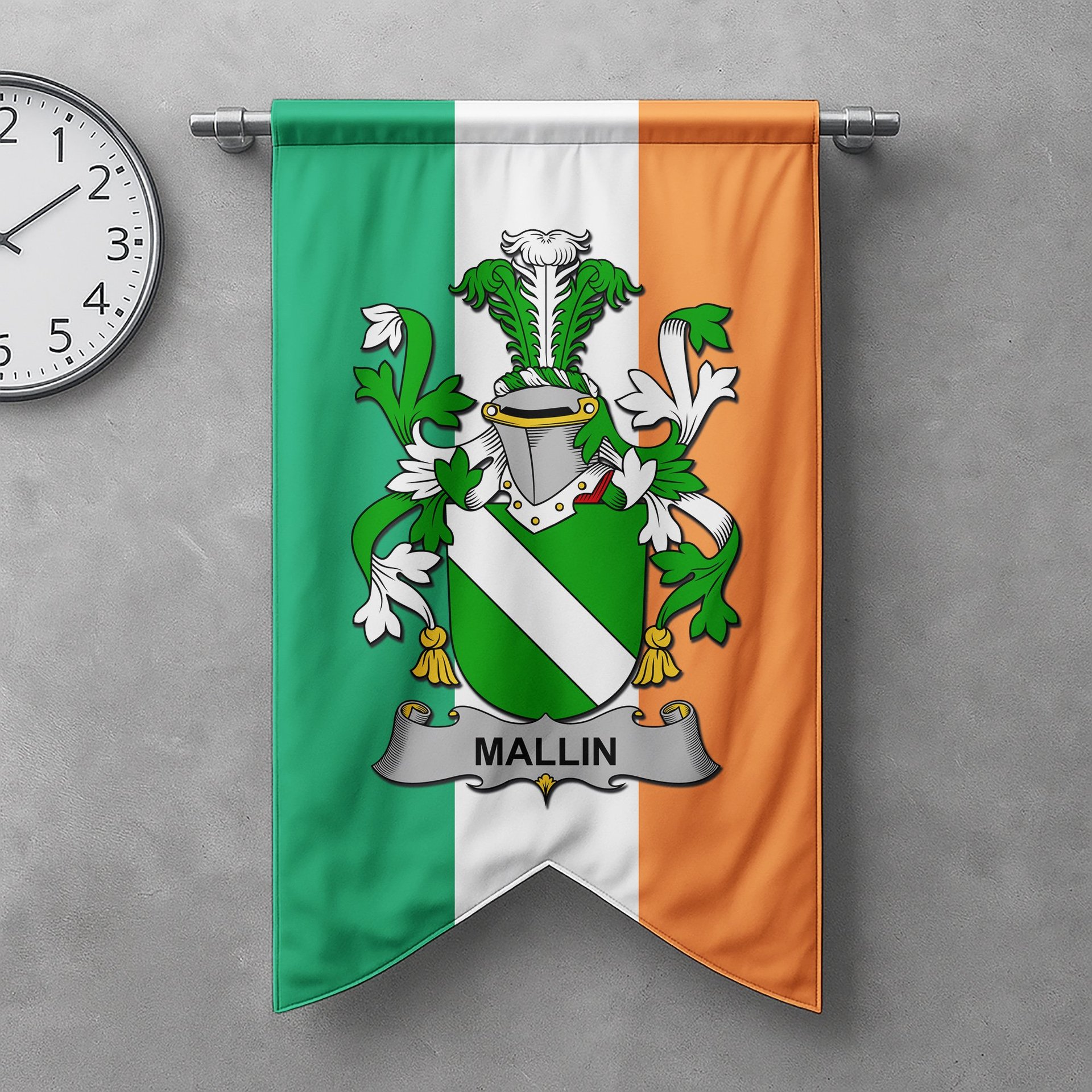 ScotsTee Shop Irish Mallin or O'Mallan Clan Coat of Arms Irish Tartan Gonfalon Flag