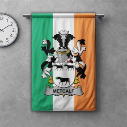 ScotsTee Shop Irish Metcalf or Metcalfe Clan Coat of Arms Irish Tartan Gonfalon Flag