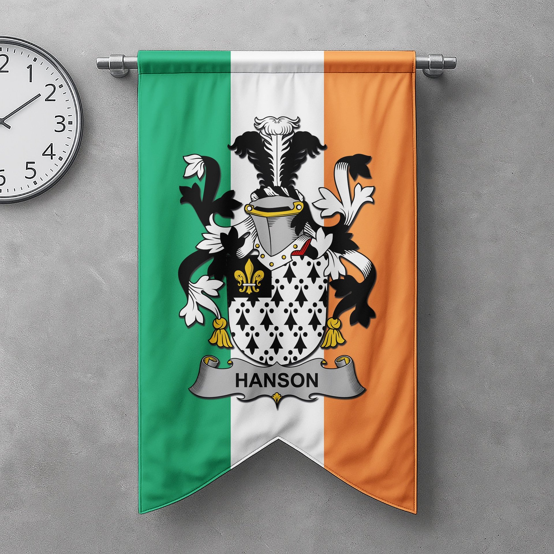 ScotsTee Shop Irish Hanson or O'Hanson Clan Coat of Arms Irish Tartan Gonfalon Flag