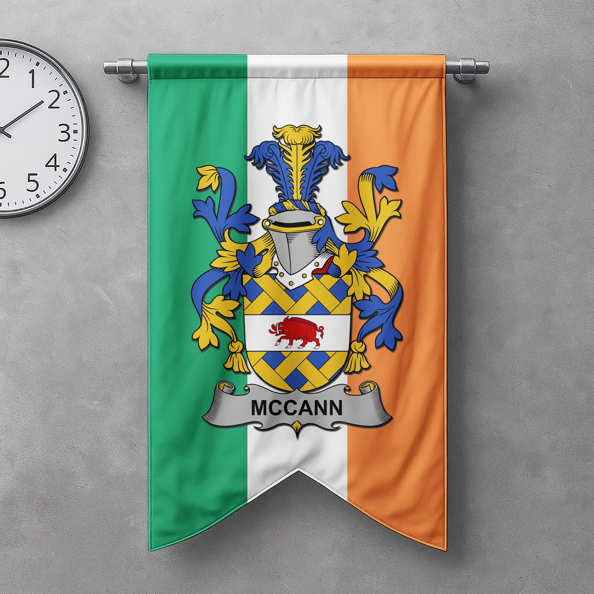 ScotsTee Shop Irish McCann Clan Coat of Arms Irish Tartan Gonfalon Flag
