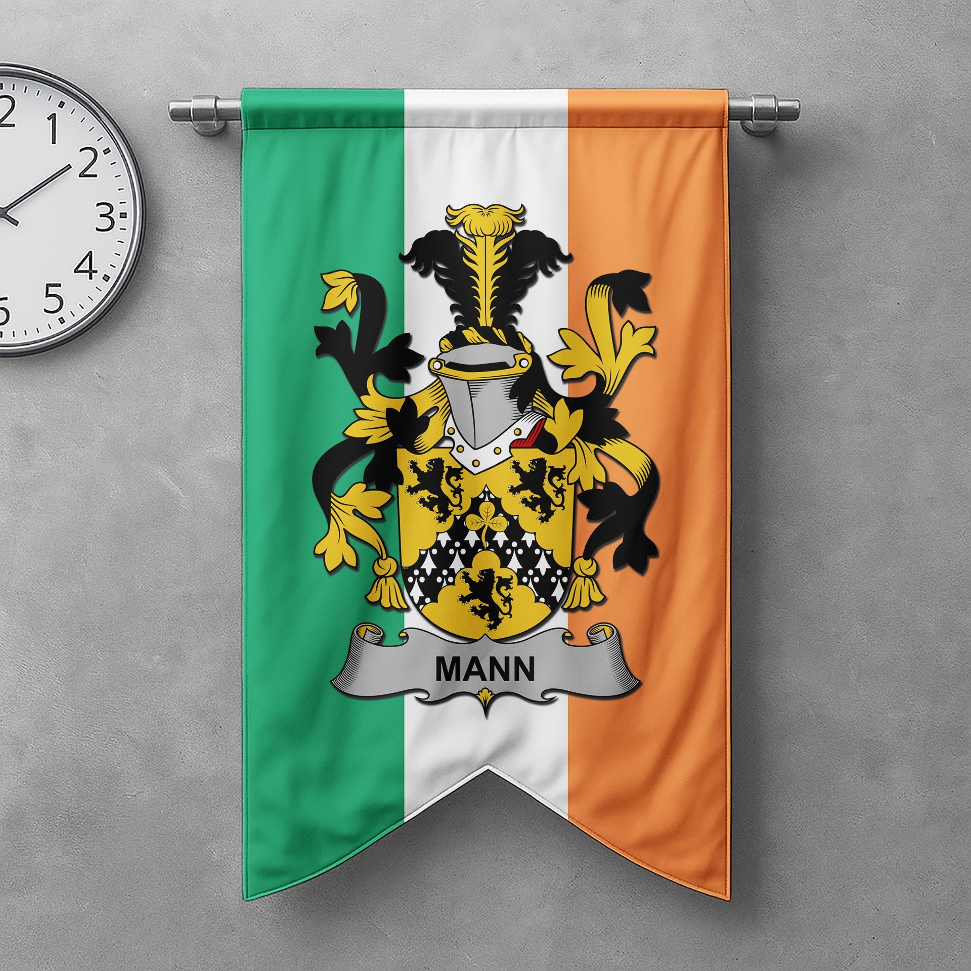 ScotsTee Shop Irish Mann Clan Coat of Arms Irish Tartan Gonfalon Flag