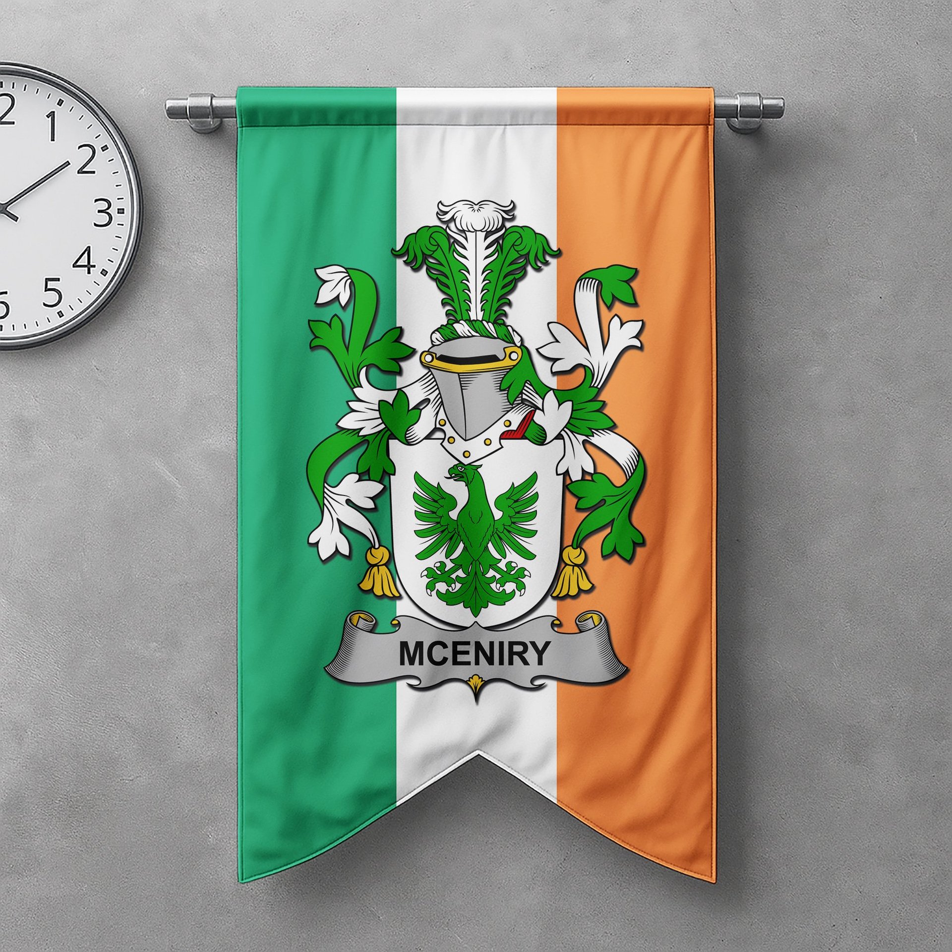 ScotsTee Shop Irish McEniry or McEnery Clan Coat of Arms Irish Tartan Gonfalon Flag