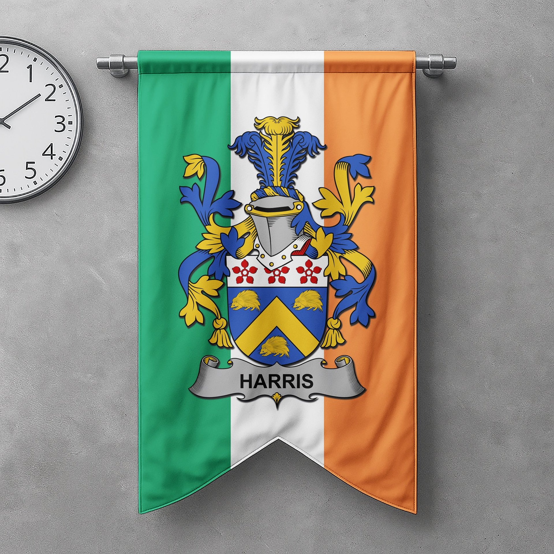 ScotsTee Shop Irish Harris Clan Coat of Arms Irish Tartan Gonfalon Flag