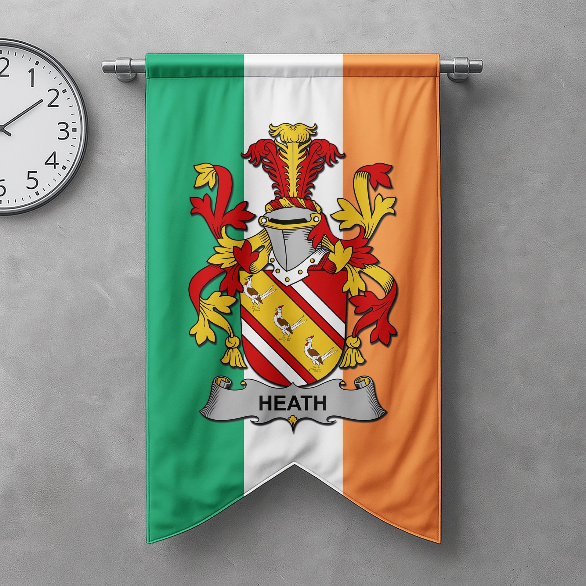 ScotsTee Shop Irish Heath Clan Coat of Arms Irish Tartan Gonfalon Flag