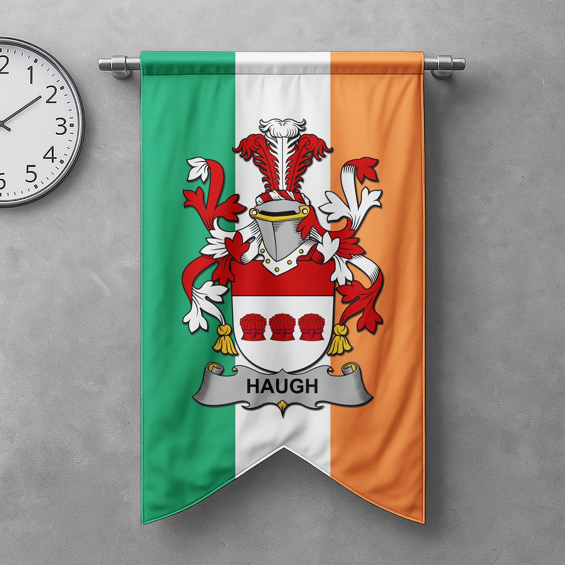 ScotsTee Shop Irish Haugh or O'Hough Clan Coat of Arms Irish Tartan Gonfalon Flag