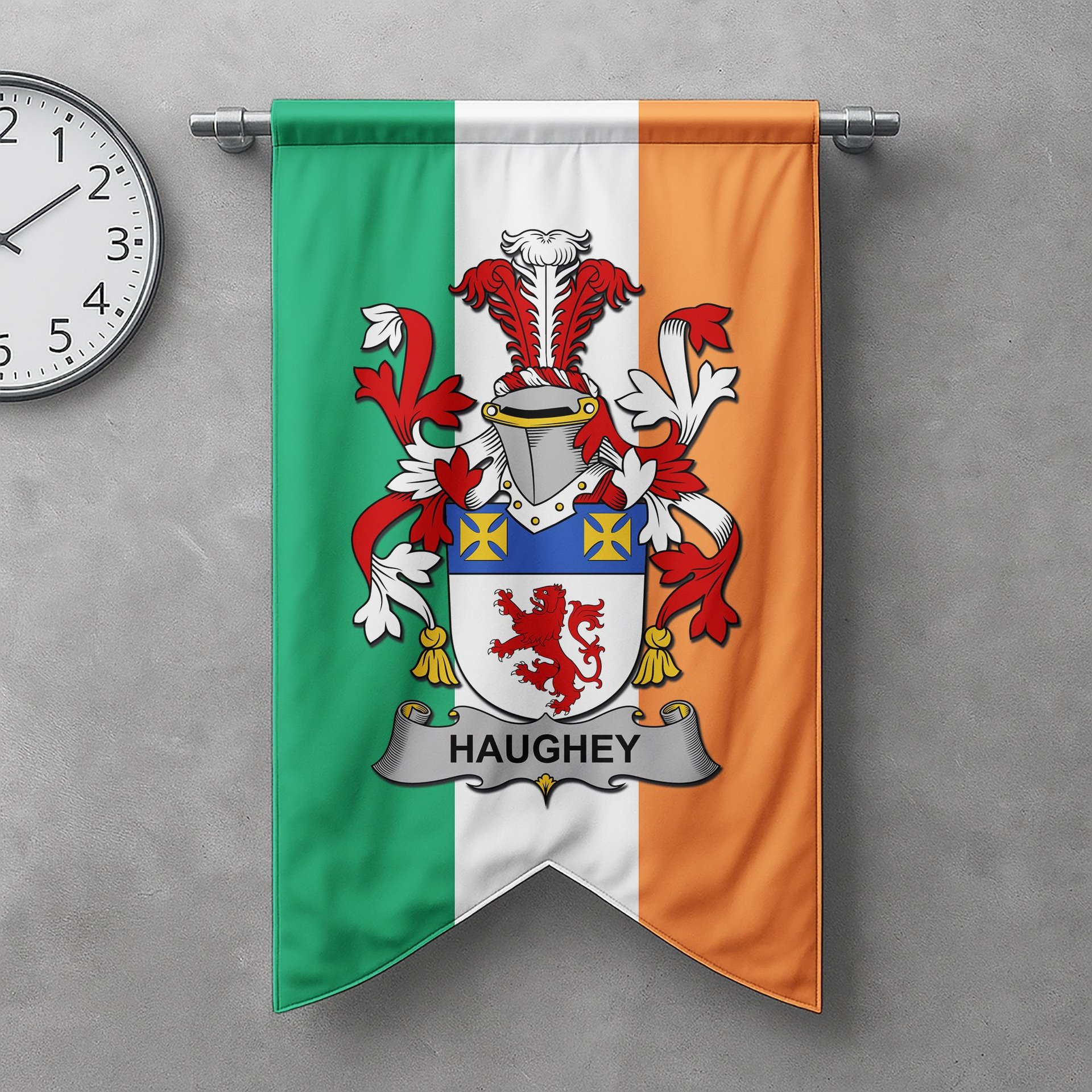 ScotsTee Shop Irish Haugher or O'Haffey Clan Coat of Arms Irish Tartan Gonfalon Flag