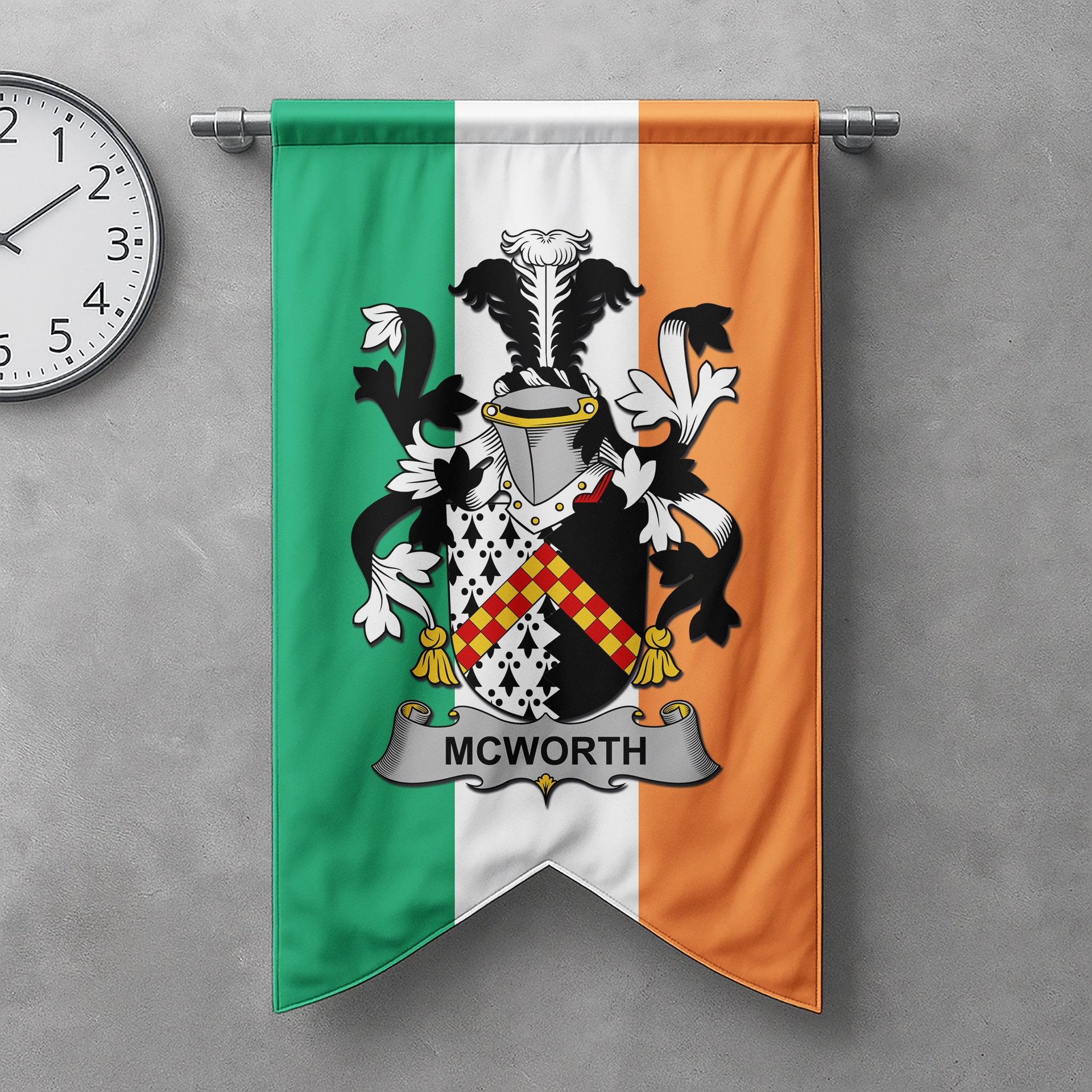 ScotsTee Shop Irish McWorth or MacWorth Clan Coat of Arms Irish Tartan Gonfalon Flag