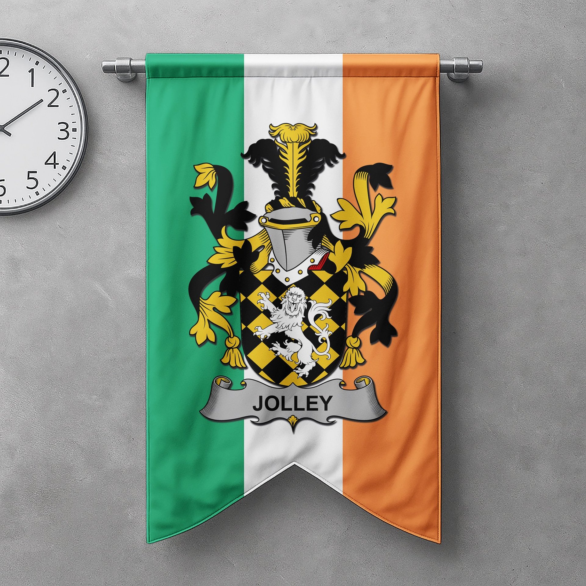 ScotsTee Shop Irish Jolley or Jolly Clan Coat of Arms Irish Tartan Gonfalon Flag