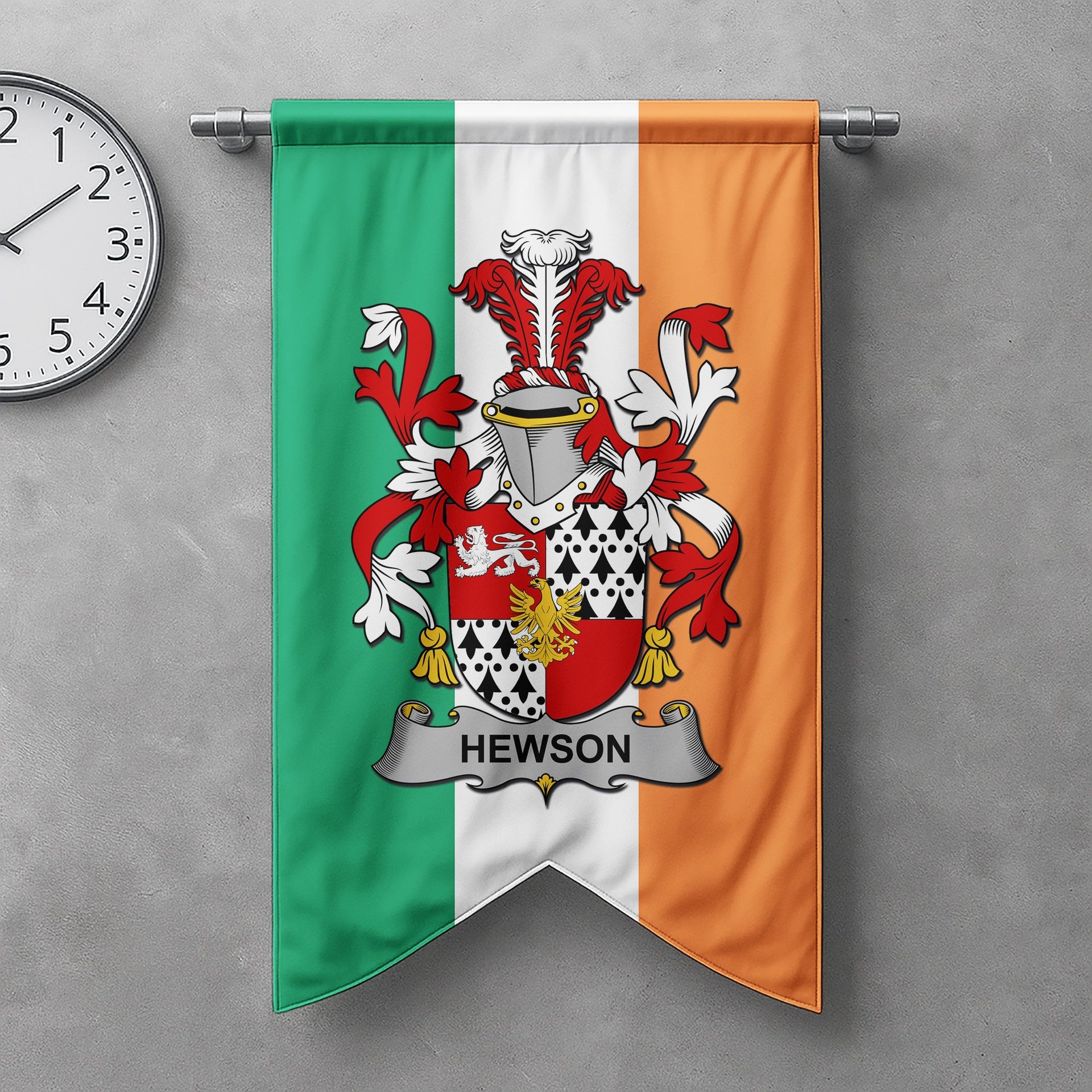 ScotsTee Shop Irish Hewson Clan Coat of Arms Irish Tartan Gonfalon Flag