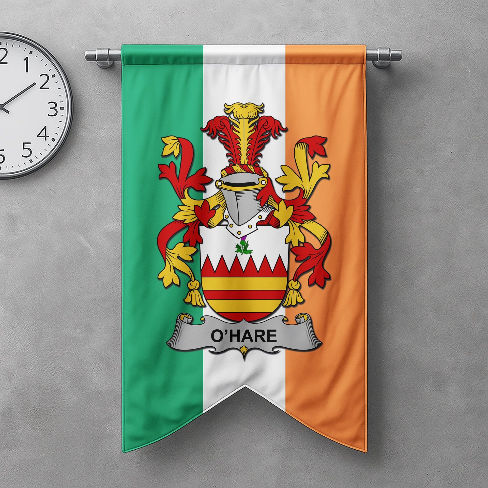 ScotsTee Shop Irish Hare or O'Hare Clan Coat of Arms Irish Tartan Gonfalon Flag