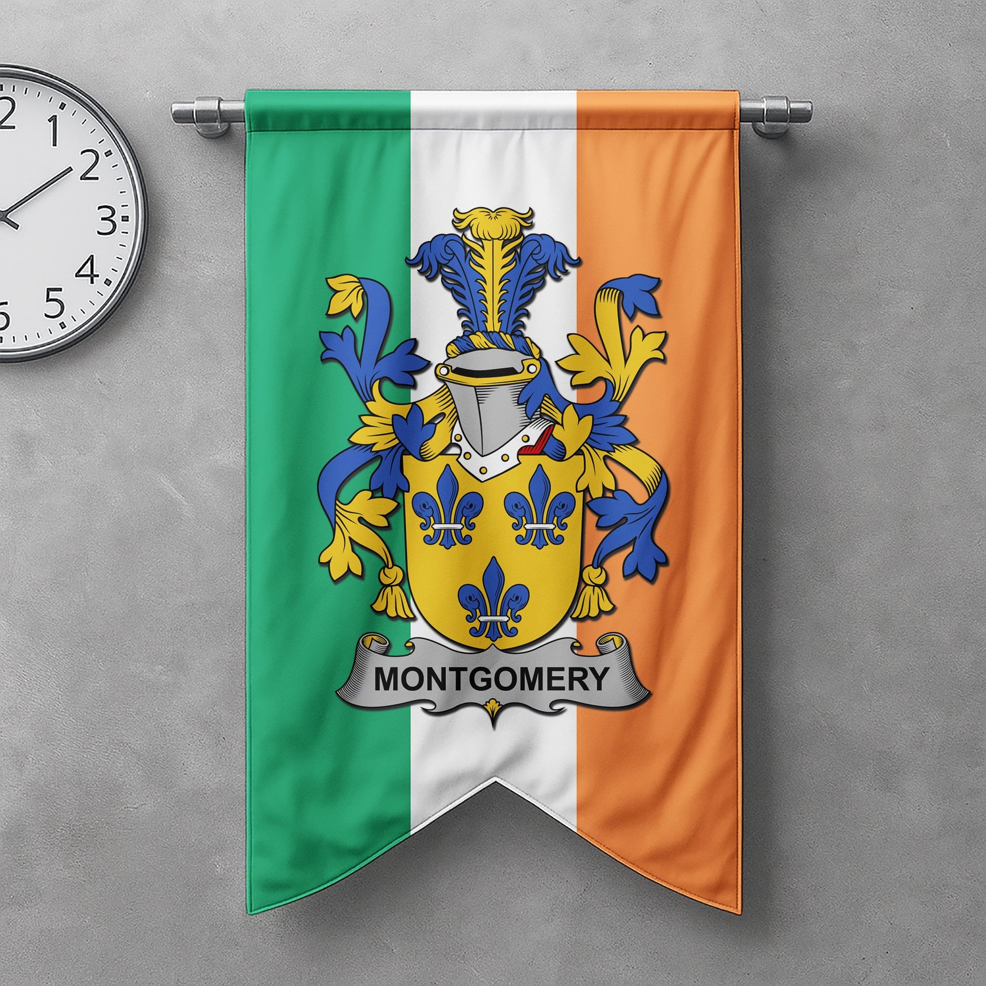 ScotsTee Shop Irish Montgomery Clan Coat of Arms Irish Tartan Gonfalon Flag