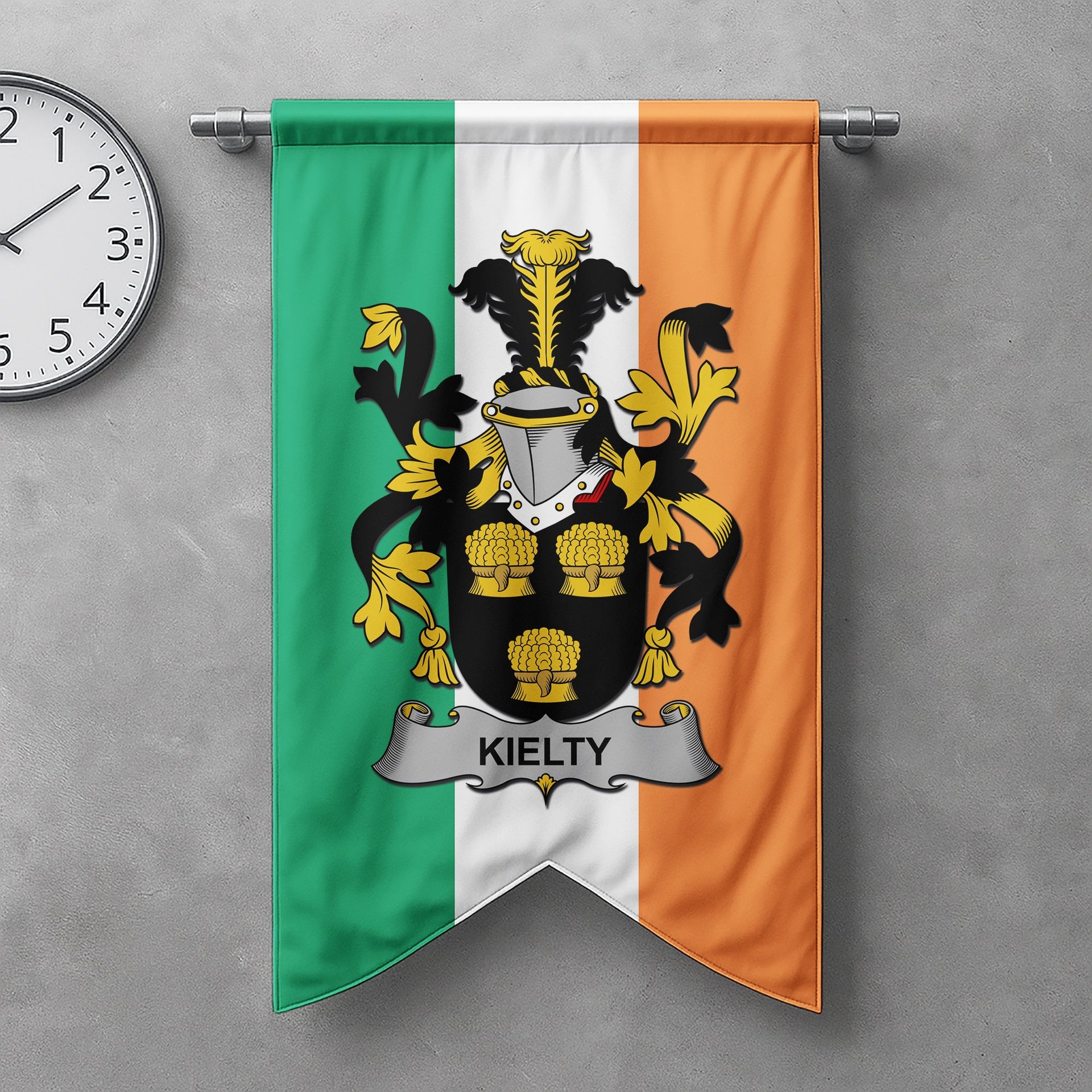 ScotsTee Shop Irish Kielty ot O'Quilty Clan Coat of Arms Irish Tartan Gonfalon Flag