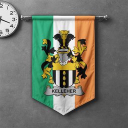ScotsTee Shop Irish Kelleher or O'Kelleher Clan Coat of Arms Irish Tartan Gonfalon Flag