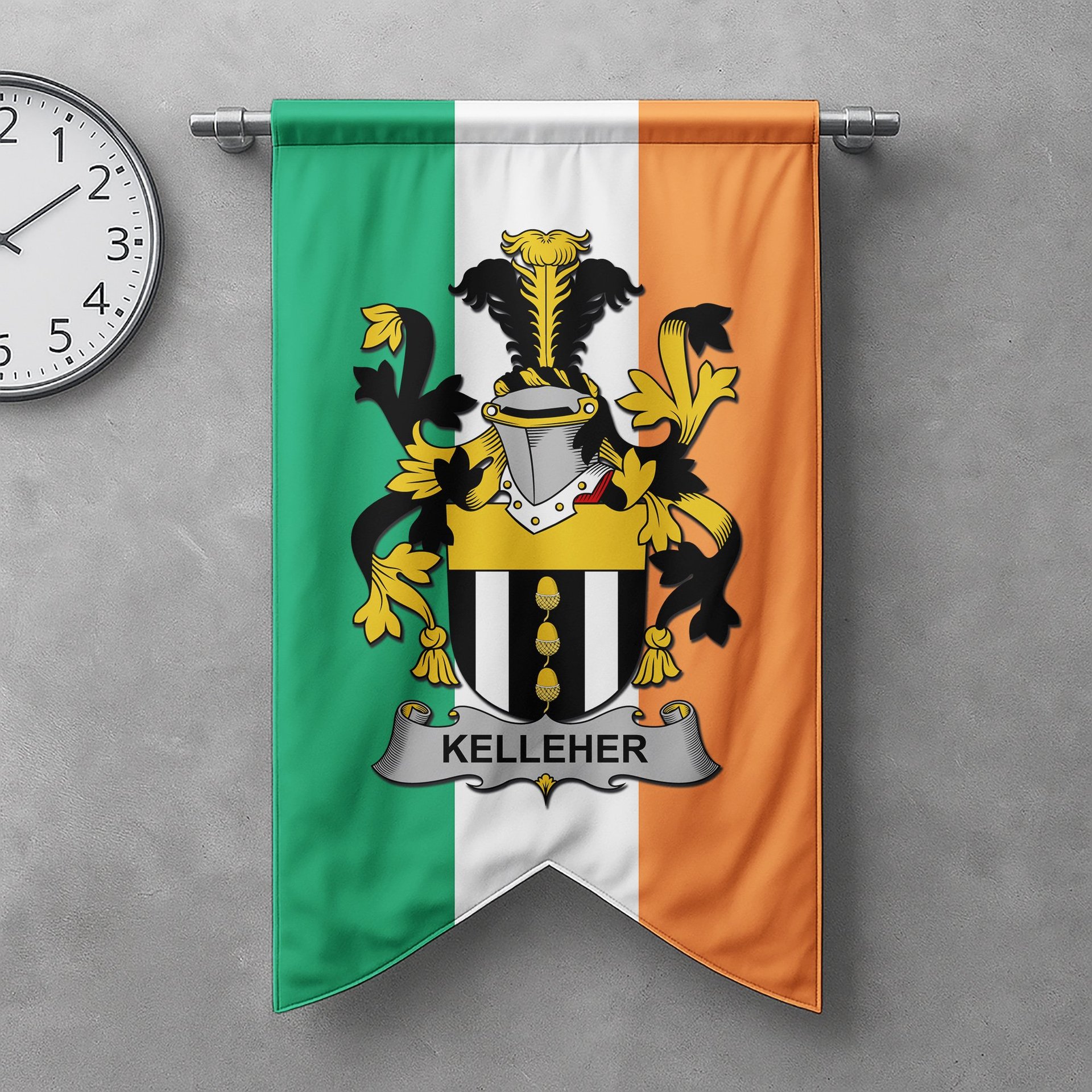ScotsTee Shop Irish Kelleher or O'Kelleher Clan Coat of Arms Irish Tartan Gonfalon Flag