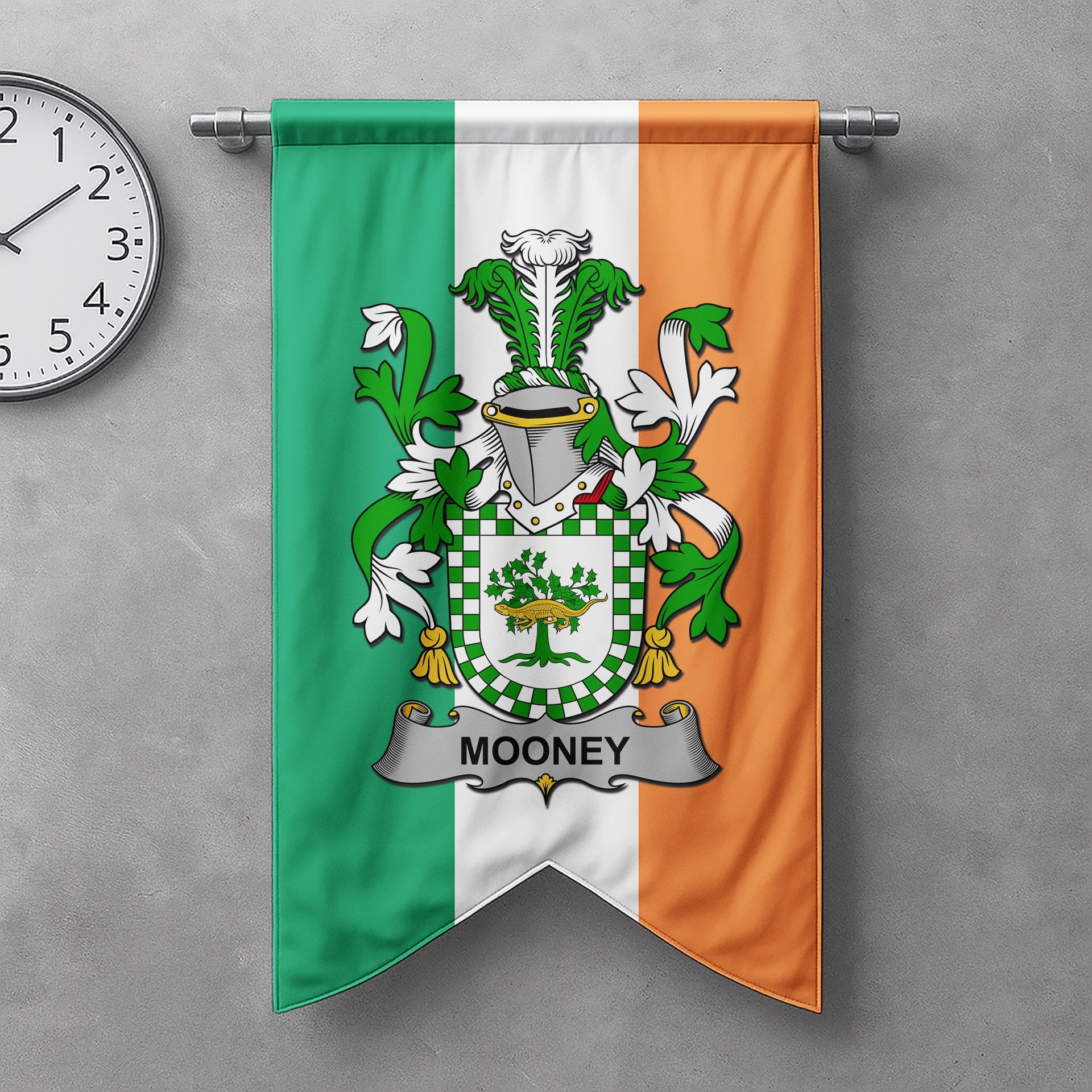 ScotsTee Shop Irish Mooney or O'Mooney Clan Coat of Arms Irish Tartan Gonfalon Flag
