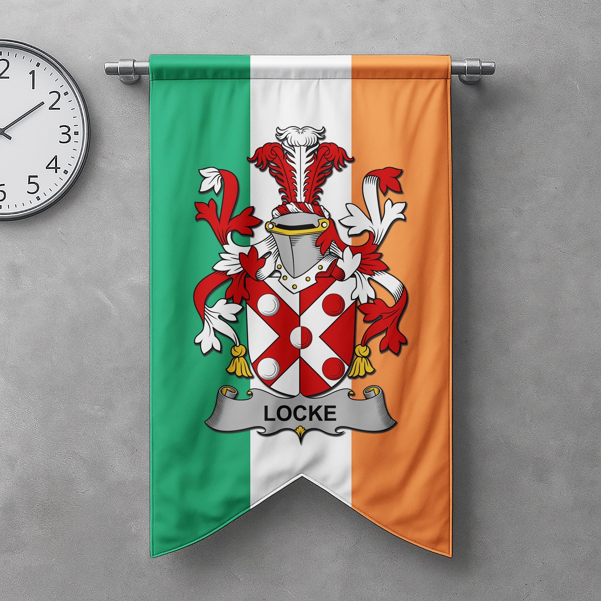ScotsTee Shop Irish Locke Clan Coat of Arms Irish Tartan Gonfalon Flag