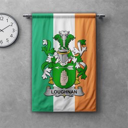 ScotsTee Shop Irish Loughnan or O'Loughnan Clan Coat of Arms Irish Tartan Gonfalon Flag