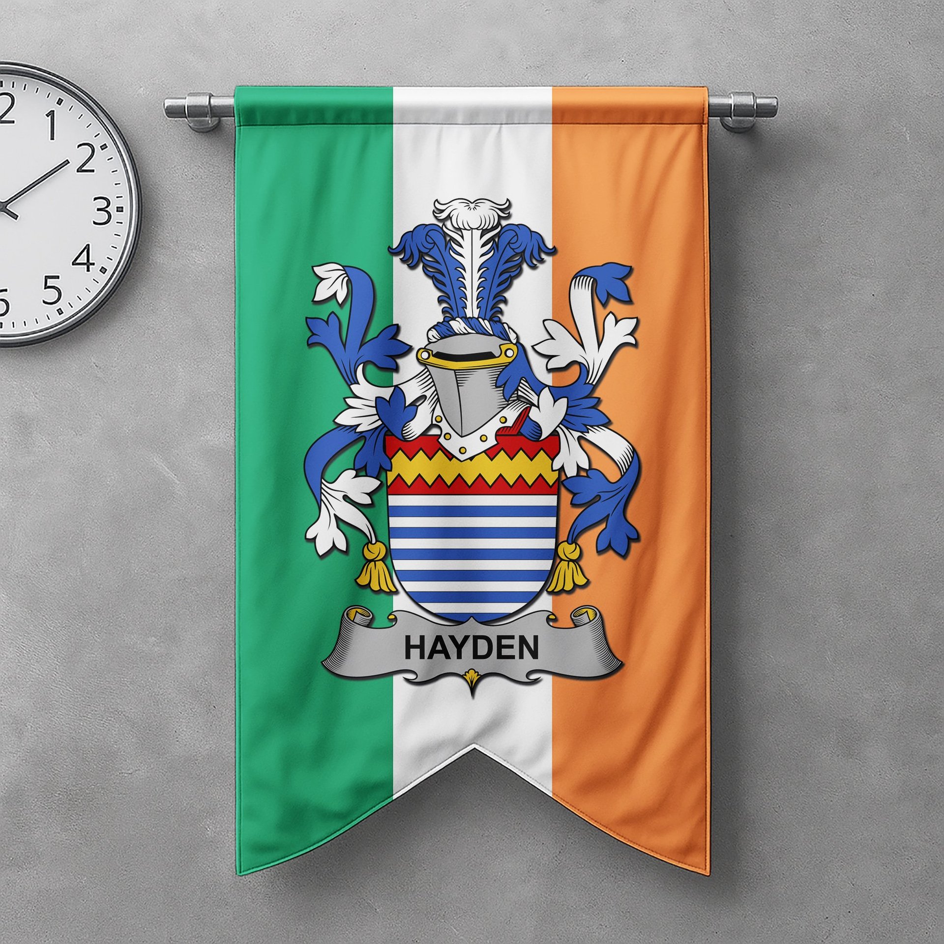 ScotsTee Shop Irish Hayden or O'Hayden Clan Coat of Arms Irish Tartan Gonfalon Flag