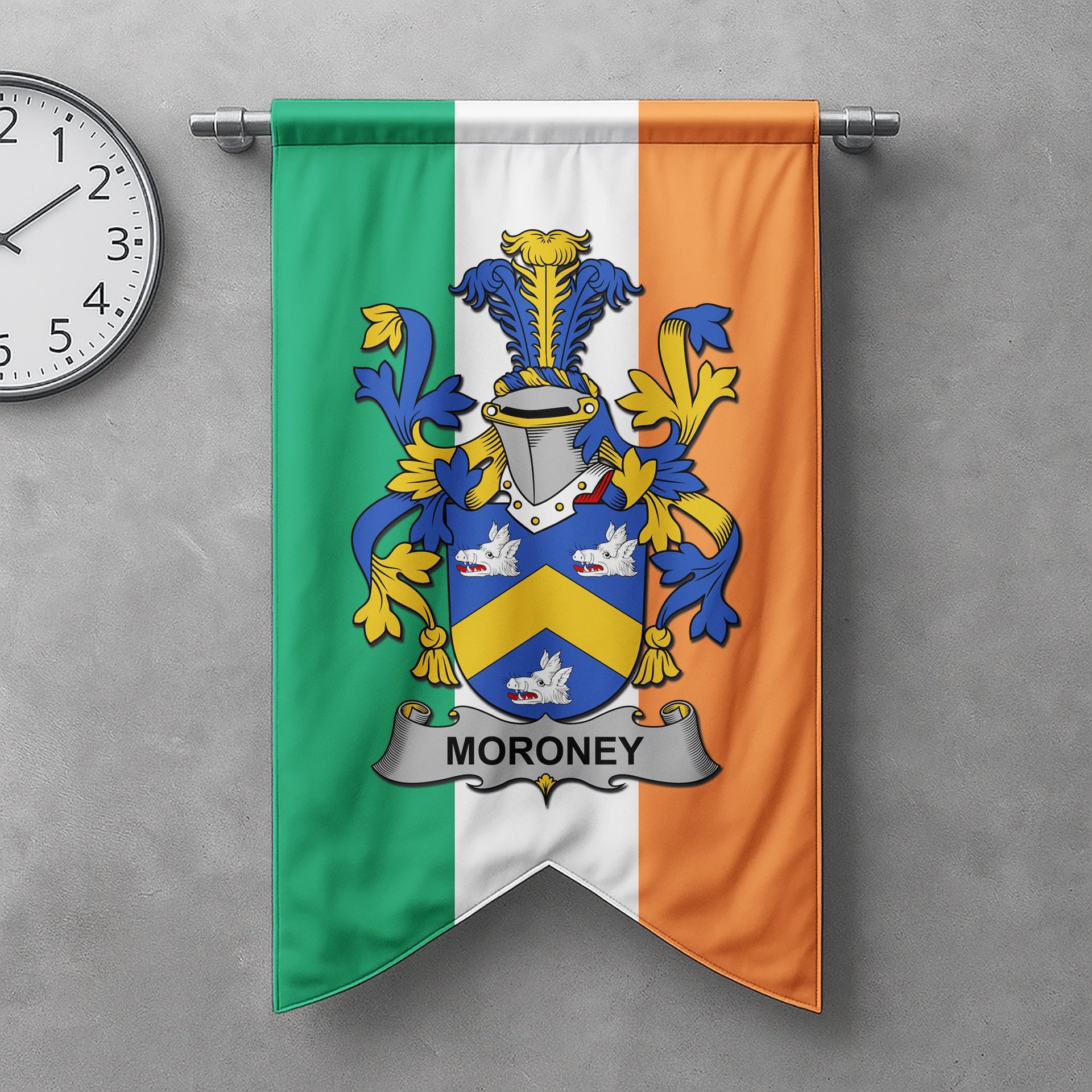 ScotsTee Shop Irish Moroney or O'Moroney Clan Coat of Arms Irish Tartan Gonfalon Flag