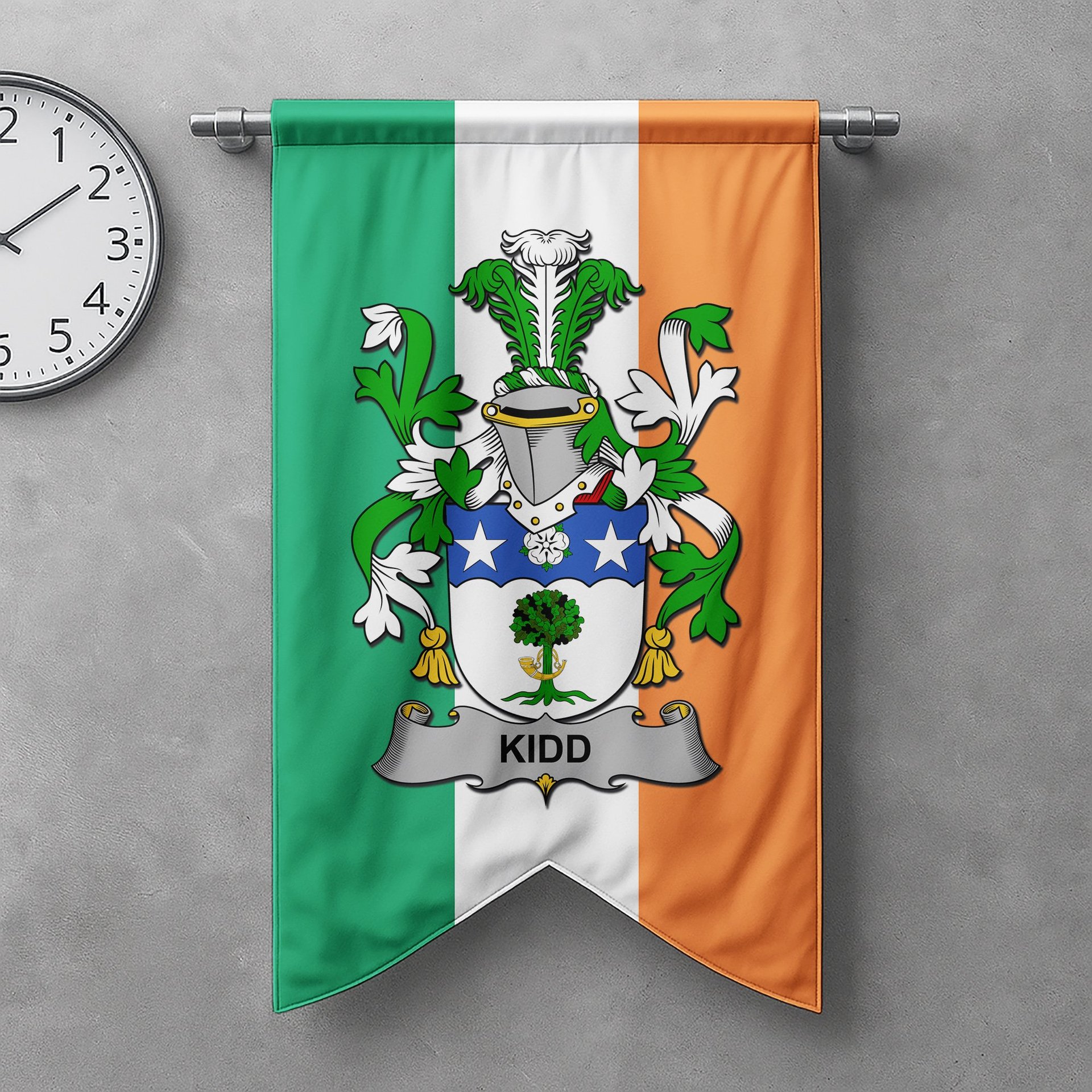 ScotsTee Shop Irish Kidd Clan Coat of Arms Irish Tartan Gonfalon Flag