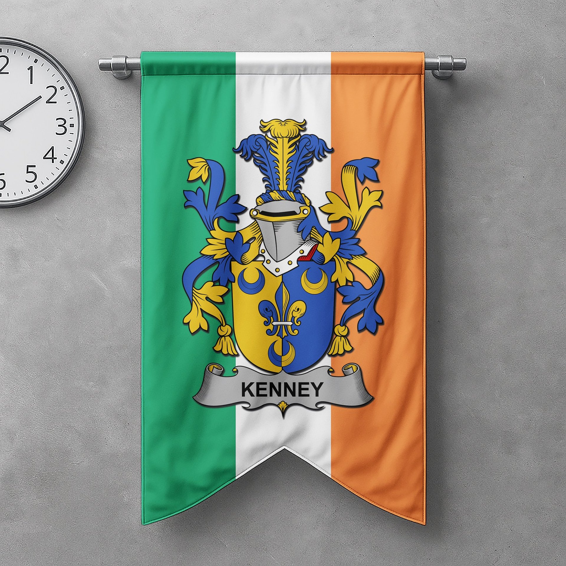 ScotsTee Shop Irish Kenney or O'Kenny Clan Coat of Arms Irish Tartan Gonfalon Flag