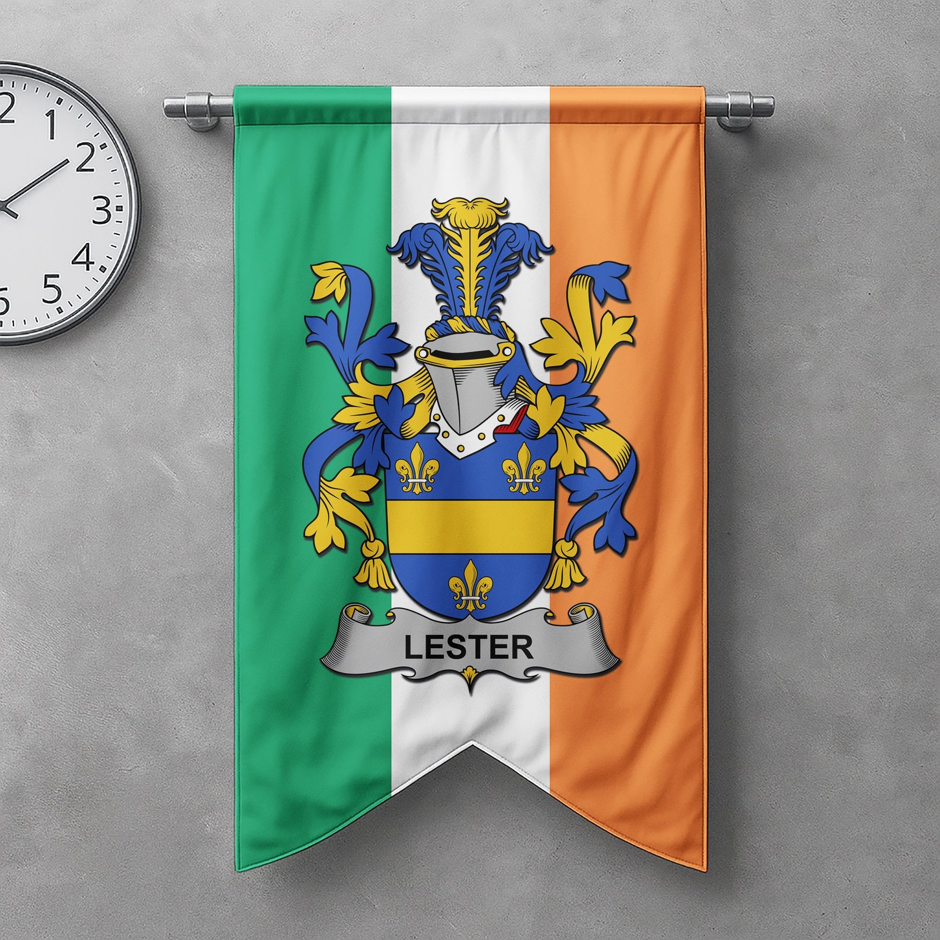 ScotsTee Shop Irish Lester or McAlester Clan Coat of Arms Irish Tartan Gonfalon Flag