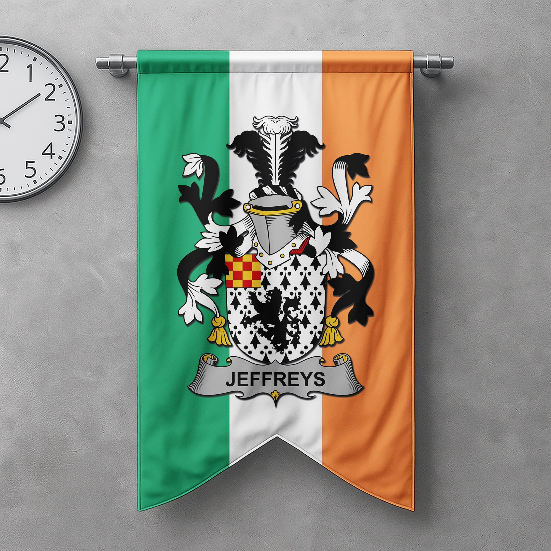 ScotsTee Shop Irish Jeffreys Clan Coat of Arms Irish Tartan Gonfalon Flag