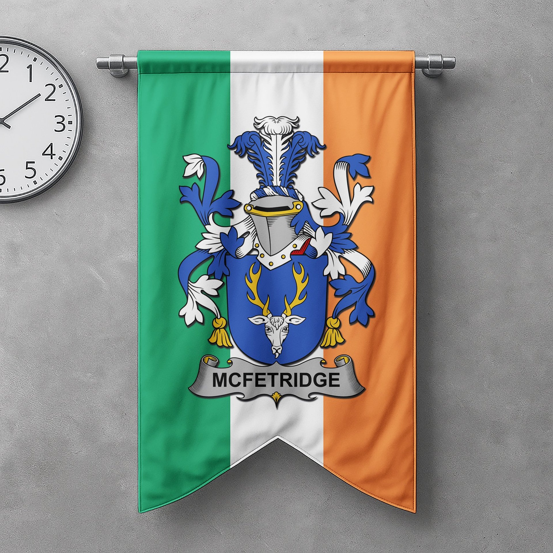 ScotsTee Shop Irish McFetridge Clan Coat of Arms Irish Tartan Gonfalon Flag